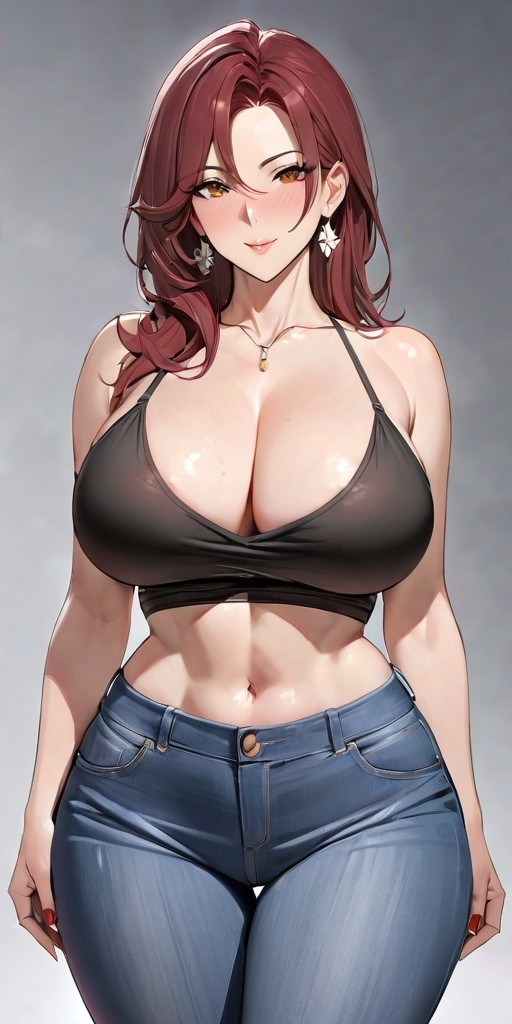 1girls ai_generated amber_eyes bare_arms bare_midriff belly belly_button big_breasts black_tank_top black_topwear blue_pants blush breasts breasts_bigger_than_head brown_eyes cleavage collarbone commentary_request curvaceous curvy curvy_body curvy_female curvy_figure earrings female female_focus female_only hair_between_eyes hanging_breasts hips huge_breasts jeans large_breasts lia_the_busty_redhead looking_at_viewer medium_hair midriff milf mommy mother natural_breasts navel no_bra orange_eyes original original_character pants red_hair seductive seductive_eyes seductive_look seductive_smile self_upload shoulder_length_hair shoulders simple_background smile smiling smiling_at_viewer solo solo_female solo_focus standing suggestive tagme tank_top thigh_gap thighs tight_pants voluptuous voluptuous_female wavy_hair wide_hips