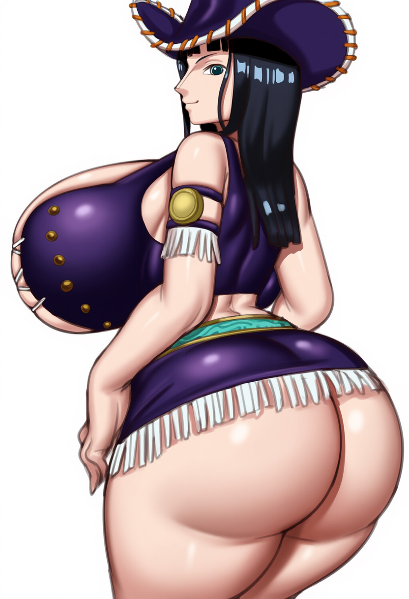 ai_generated ass ass_focus black_hair breasts bursting_breasts cowboy_hat grey_impact_(style) huge_ass huge_breasts lubbasdump massive_ass massive_breasts miniskirt nico_robin one_piece smile smiling tank_top wide_hips