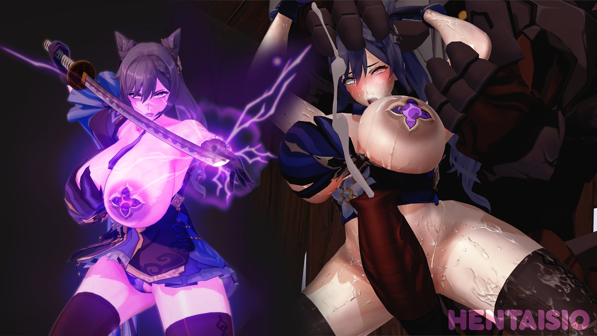 3d, big breasts, breasts, electricity, female, genshin impact, hentaisio, hilichurls (species), instant loss, instant loss 2koma, interspecies, keqing (genshin impact), large breasts, male, mitachurl, monster, overconfident, pitch-black skin, purple hair, size difference