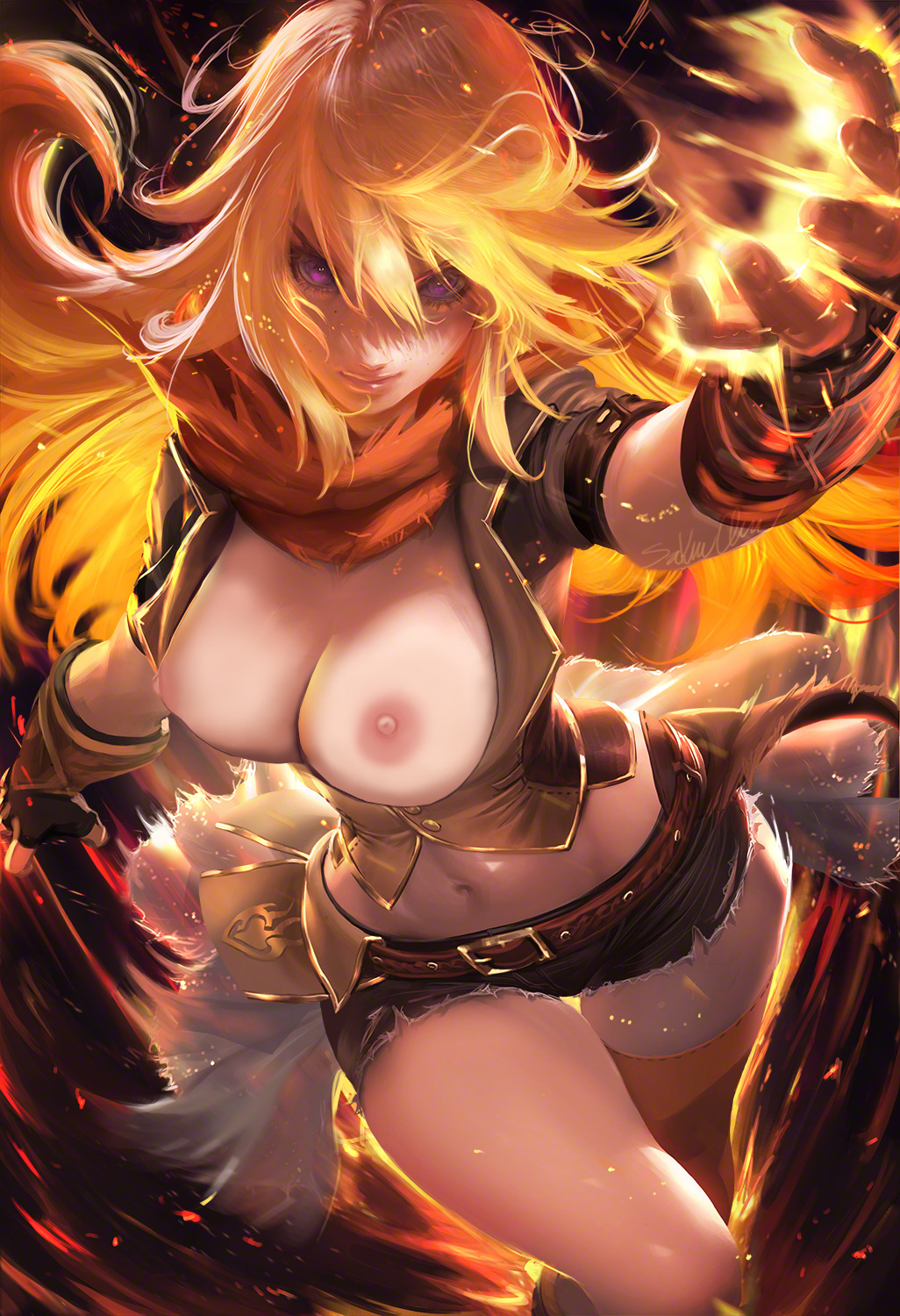 1girls areolae artist_name asymmetrical_legwear belly belt belt_buckle bike_shorts blonde blonde_hair blurry breasts buckle buttons cleavage closed_mouth curves dark_background female female_only fingerless_gloves fire gauntlets gloves high_resolution highres hips hotpants large_breasts legs legwear long_hair looking_at_viewer magic midriff motion_blur navel nipples orange_hair purple_eyes realistic rwby sakimichan scarf short_sleeves shorts signature single_thighhigh solo spats stockings thighhighs thighs torn torn_clothes watermark yang_xiao_long yellow_legwear