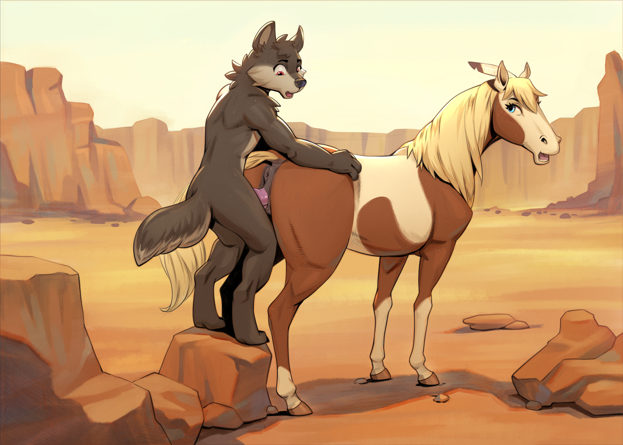 anthro, anthro on feral, anthro penetrating feral, canid, canine, canis, female, feral, furry, horse, jotun22, male, male/female, mare, mare pussy, nude, penis, pussy, rain (cimarron), spirit: stallion of the cimarron, vaginal penetration, wolf, zoophilia