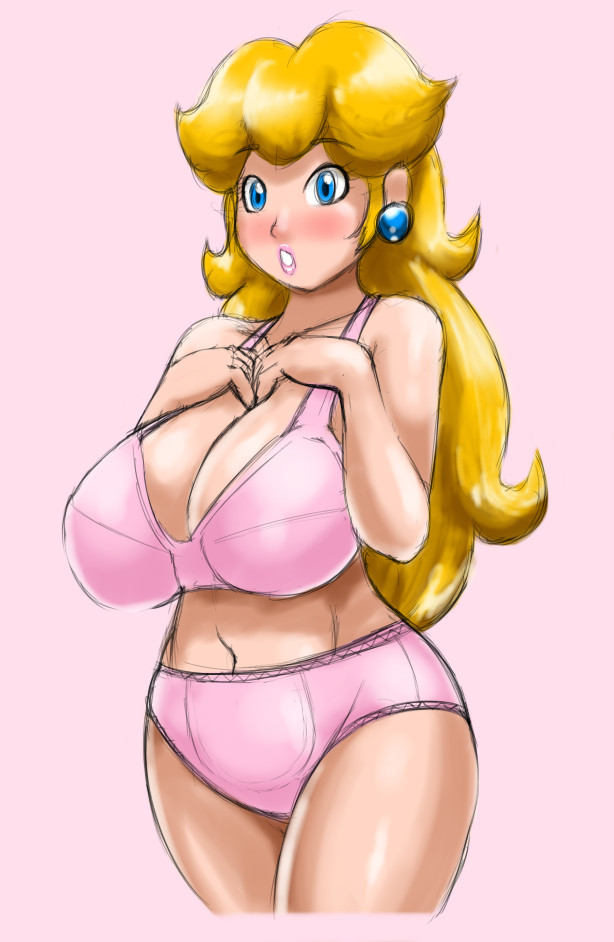 blonde hair, blue eyes, blush, bra, breasts, curvy, earrings, female, huge breasts, jewelry, lipstick, long hair, makeup, mario (series), navel, nintendo, panties, pink, pink bra, pink panties, plump, princess peach, solo, speeds, underwear, underwear only