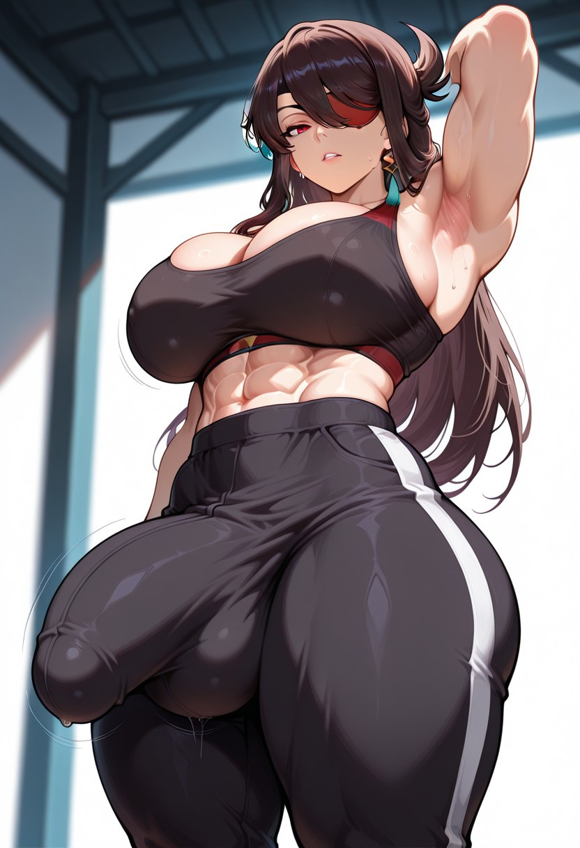 1futa ai ai_generated armpits beidou_(genshin_impact) big_breasts big_penis brown_hair buff bulge bulge_through_clothing erection erection_under_clothes exercise eyepatch futanari genshin_impact gym gym_bra hoyoverse jogging_pants leggings mihoyo motion_lines muscular muscular_futanari pants pants_bulge penis six_pack sports_bra thick_thighs tomboy workout