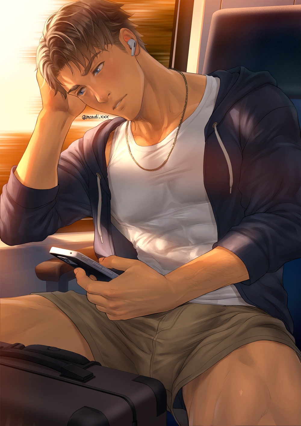 1boy abs blue_eyes brown_hair bulge bulge_through_clothing earphones jewelry jim_(mondi_xxx) legs_apart male male_only mondi_xxx muscular muscular_male necklace open_clothes original parted_lips pecs phone shorts sitting solo tank_top thighs train veiny veiny_arms