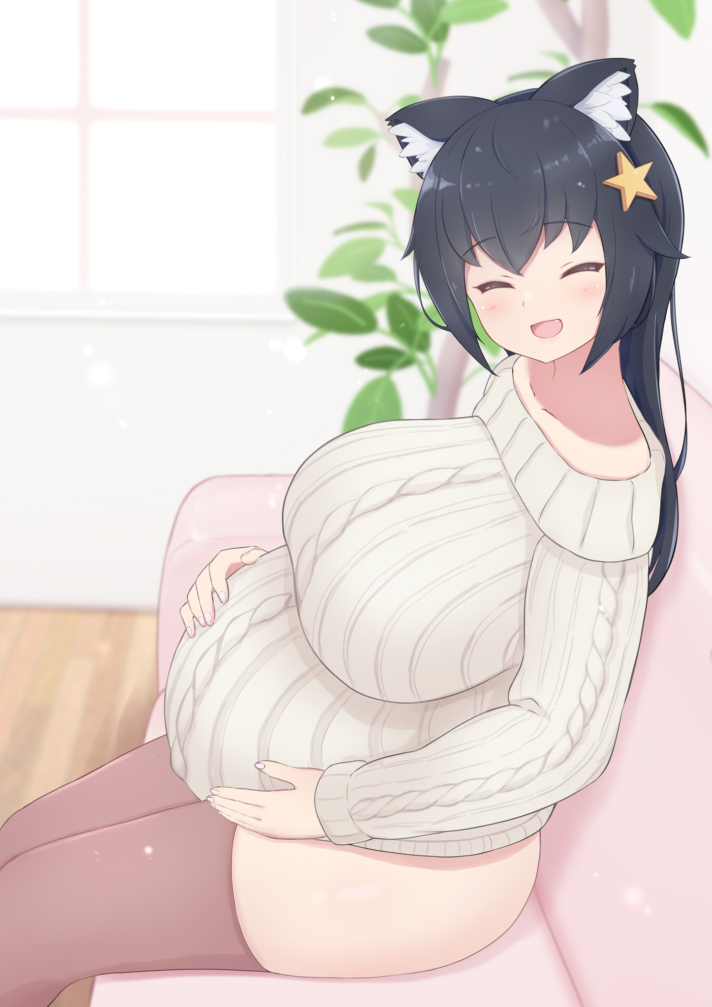 1girls, alternate version available, animal ears, bangs, big breasts, black hair, blue eyes, blush, breasts, clothed, clothing, couch, eyebrows visible through hair, female, female focus, female only, hair ornament, hands on belly, indoors, kemonomimi, large breasts, looking at viewer, maternity clothes, pregnant, pregnant female, sitting, solo, someone else's oc, star hair ornament, subten, sweater, thick thighs, thighhighs, thighs