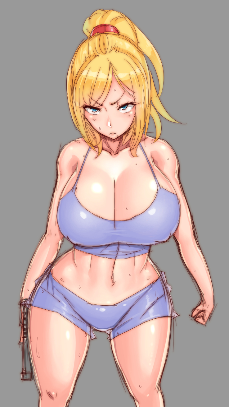 1girls, abs, bare shoulders, blonde hair, blue eyes, breasts, cleavage, erect nipples, female, female only, grey background, gun, highres, holding, holding gun, holding weapon, huge breasts, human, long hair, looking at viewer, metroid, midriff, muscles, muscular, muscular female, navel, nintendo, nipples, ponytail, samus aran, shorts, simple background, sketch, solo, solo female, sweat, tied hair, toned, weapon, wet, wide hips, wolffeld price