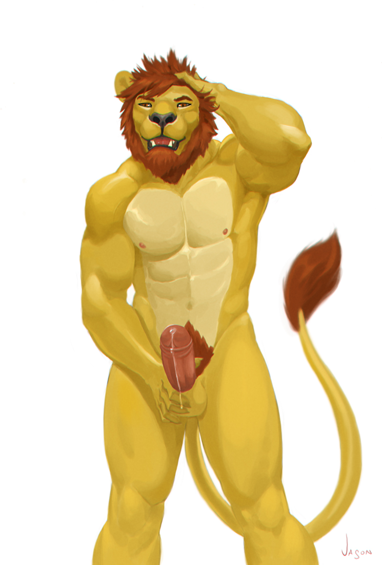 anthro balls erection feline humanoid_penis julicat lion male male_only mammal mane muscular nude open_mouth penis precum pubes solo standing uncut