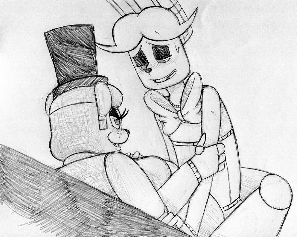 2015 animatronic anthro bear black_and_white blush bonnie_(fnaf) bow_tie breasts buckteeth eye_contact female five_nights_at_freddy's freddy_(fnaf) hat inkyfrog lagomorph machine male mammal monochrome rabbit robot rule_63 sex simple_background sweat teeth top_hat traditional_media_(artwork) video_games white_background