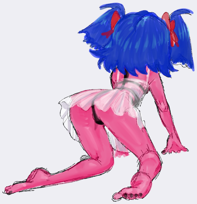 1girls 4chan ass ass_focus barefoot black_nails blue_hair bow bury_pink_gril drawfag dress feet from_behind hairbow meme pink_skin red_bow see-through see-through_clothing see-through_dress solo twintails