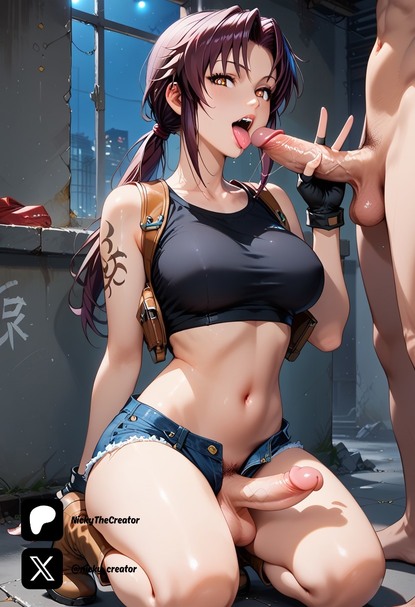 1futa ai_generated balls black_shirt blowjob breasts brown_boots brown_eyes cock colored dick erection futa_only futanari futanari/female intersex jean_shorts light_skin light_skinned_futanari long_hair male nickythecreator penis revy sexy sexy_body sexy_pose testicles uncensored veiny_penis violet_hair