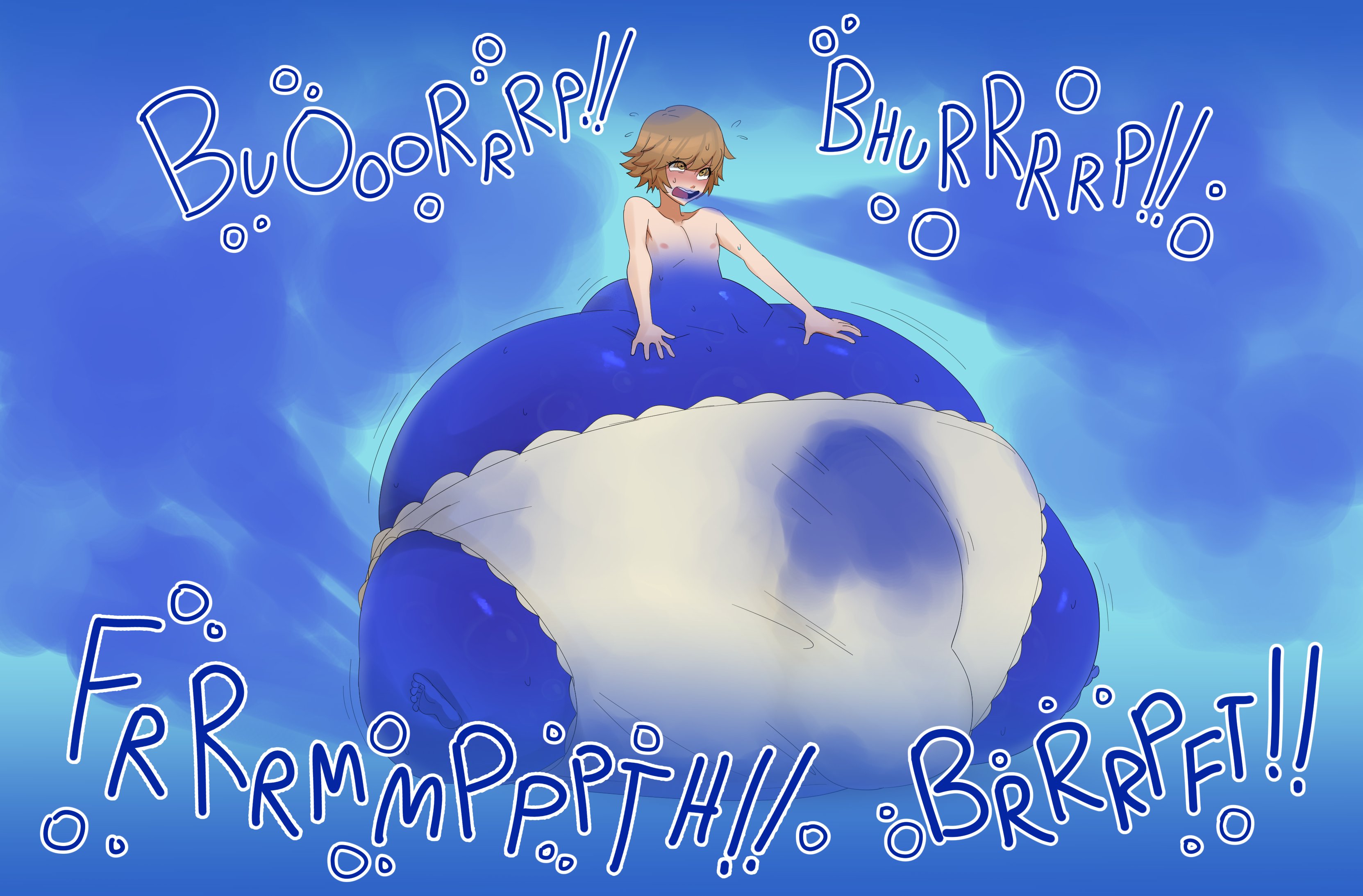 1boy, androgynous, ass, belch, belching, big ass, big butt, bloomers, blueberry inflation, blueberry juice, boner, boner in underwear, bottom heavy, brown eyes, brown hair, burp, burp cloud, burp fetish, burping, crossdressing, danganronpa, danganronpa: trigger happy havoc, expansion, fart, fart cloud, fart fetish, farting, fujisaki chihiro, gassy, hyper ass, inflation, leaking through clothing, male, male fart, navel, octoboy, thick thighs