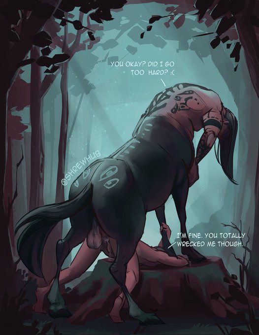 centaur, centaur male, centaur on humanoid, doggy style, dripping cum, horsecock, male, male penetrated, male penetrating, male penetrating male, male/male, shrewhub, tattoo, tattoo on back, taur