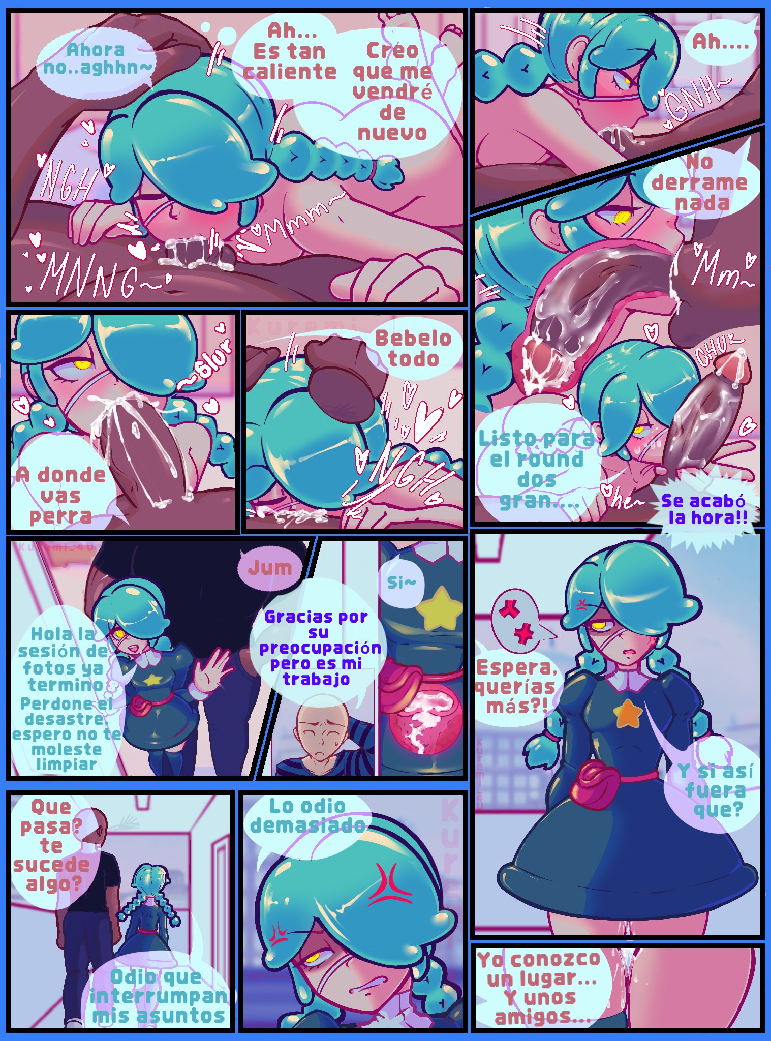2d, after sex, annie (skullgirls), annoyed, blue hair, comic, cum, cum in mouth, cum in pussy, dark skin, dark-skinned male, deepthroat, dialogue, fellatio, female, glowing eyes, internal cumshot, internal view, interracial, interrupted, kuremi 4u, male, nude, oral, pussy, skullgirls, spanish text, text, x-ray