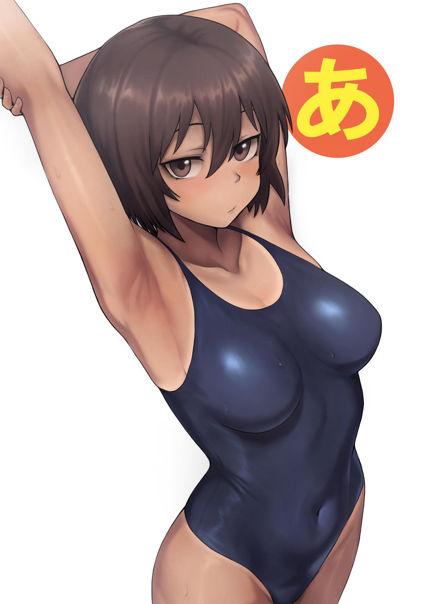 armpits, azumanga daiou, blush, breasts, brown hair, busty teenager, collarbone, dark skin, female, high school student, japanese text, kagura (azumanga daiou), meruzis, one-piece swimsuit, serious, short hair, solo, streching, sweat, swimsuit, teenage female, teenager, tomboy, upper body, white background