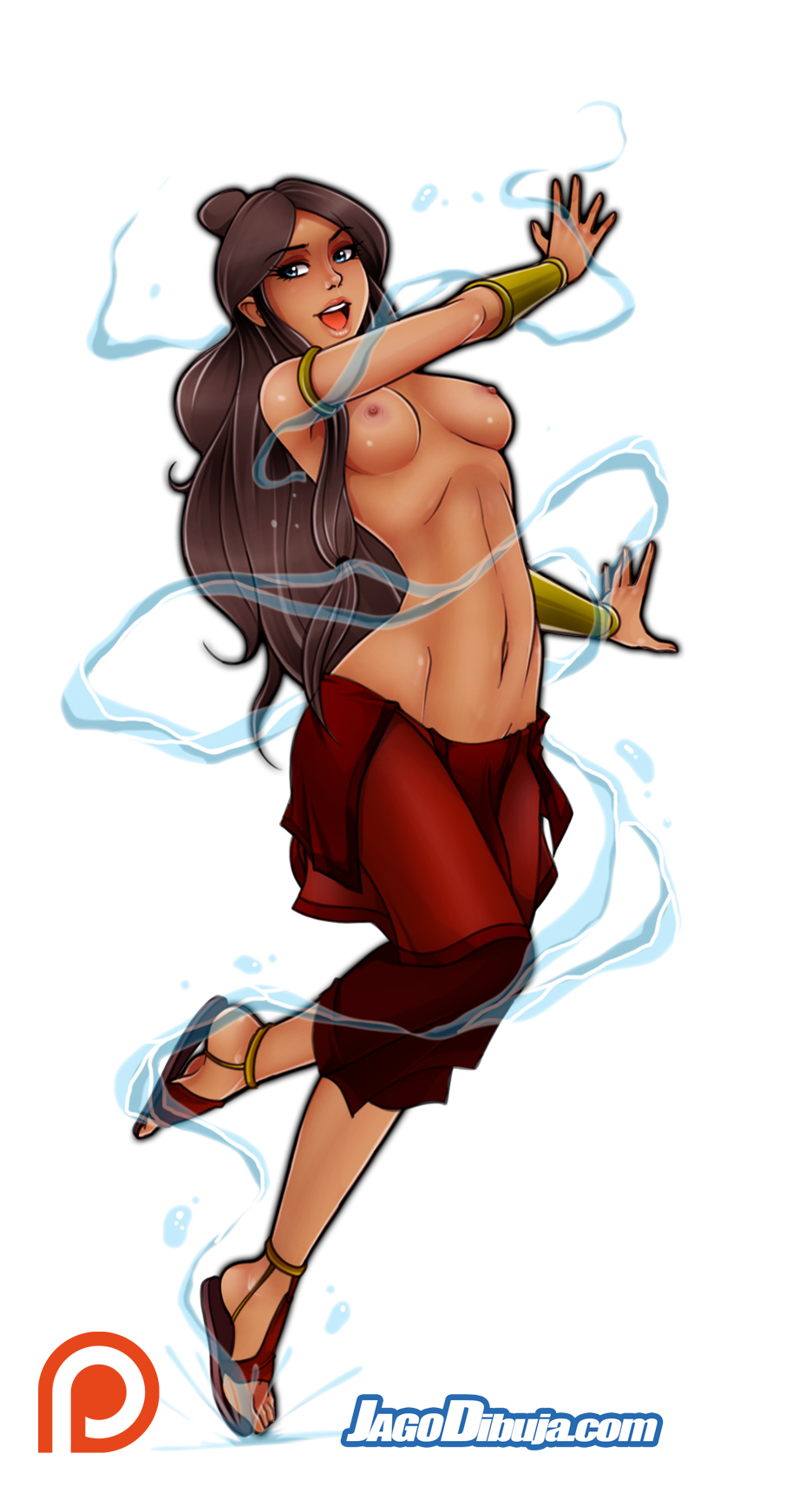 1girls, artist name, avatar legends, avatar the last airbender, barefoot, bracelet, breasts, brown hair, clothing, dark skin, dark-skinned female, feet, female, female only, highres, jago dibuja, katara, long hair, medium breasts, navel, nickelodeon, nipples, pussy, smooth skin, soles, solo, the legend of korra, toes, topless, water, water tribe