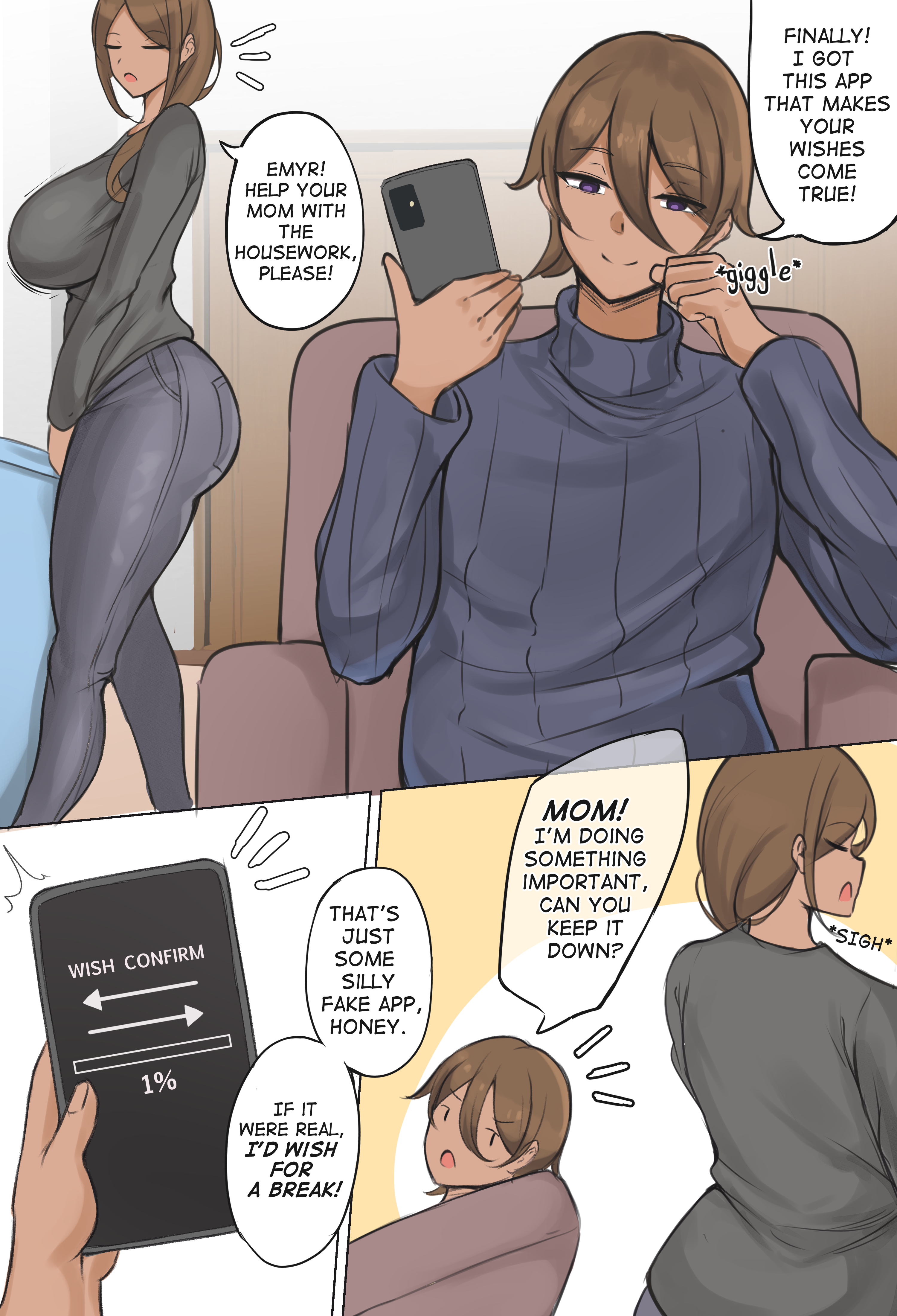 black hair, breasts, comic, dark skin, dark-skinned female, english text, female, holding phone, large breasts, minori (user eket5233), mother and son, mtf transformation, original, sitting, transformation