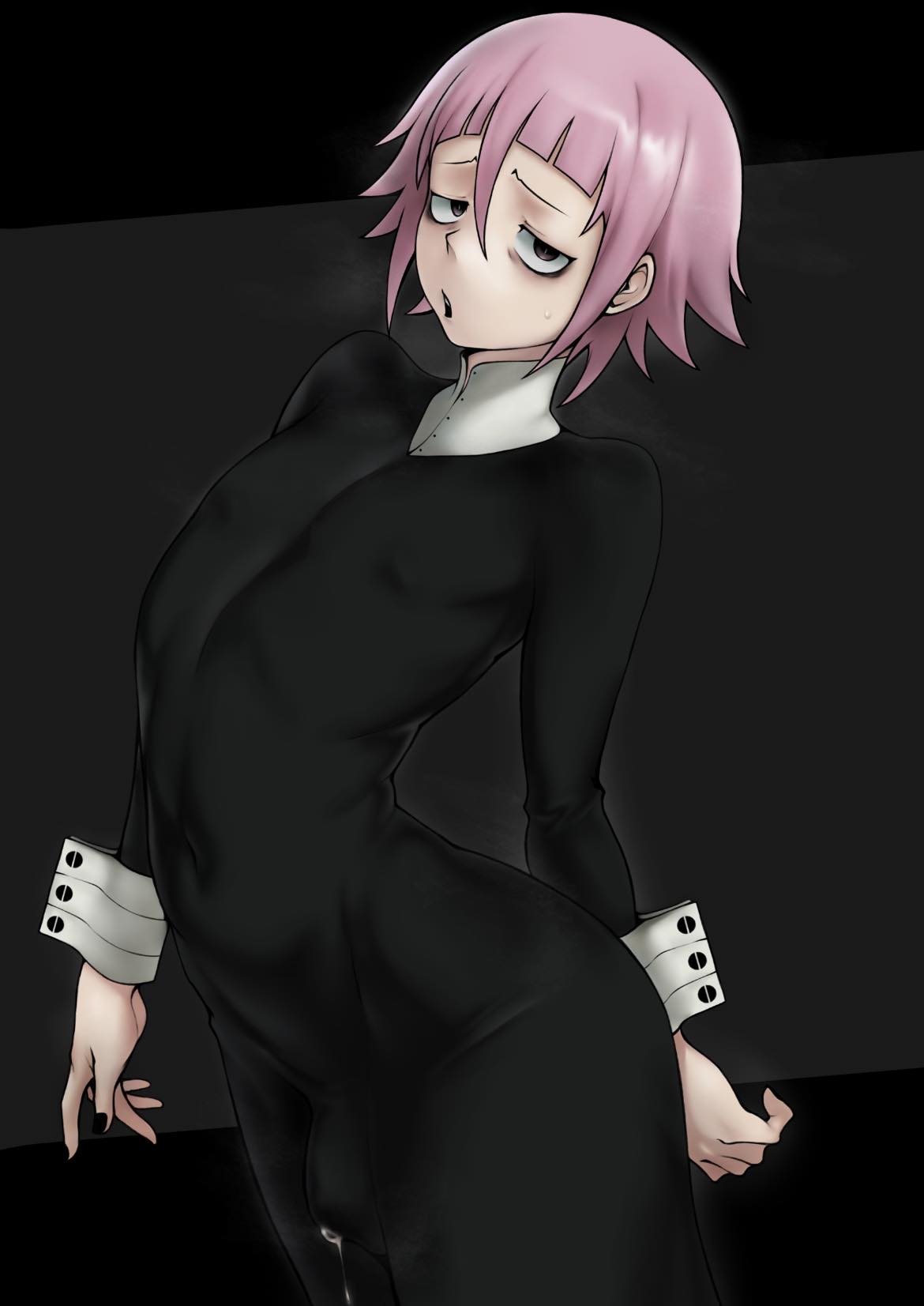 1boy, black dress, collar, crona (soul eater), dark background, dress, long sleeves, looking at viewer, male, meruzis, pale skin, pink hair, precum, precum drip, precum through clothing, short hair, simple background, solo, soul eater, tight clothing, trap