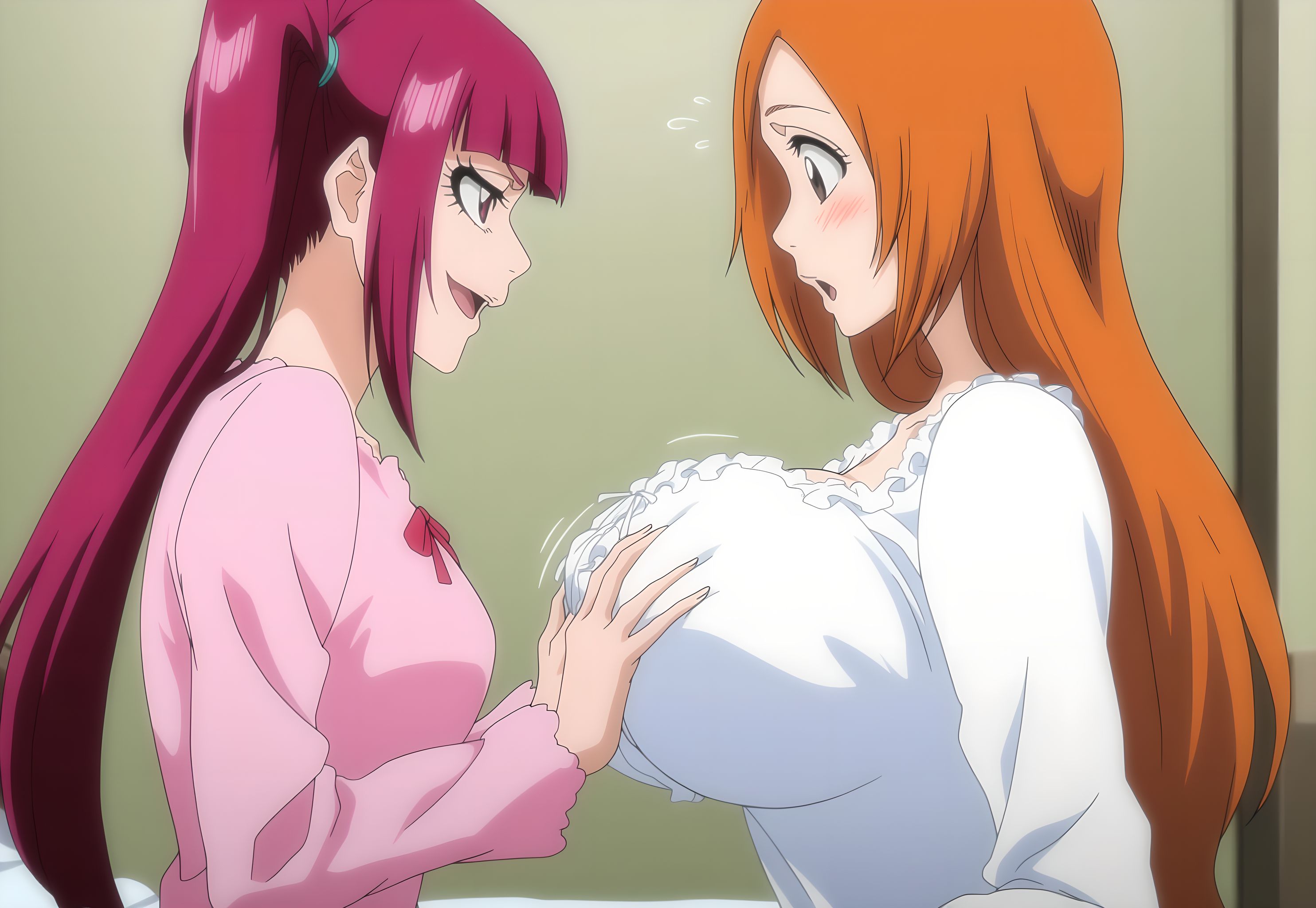 2girls, ai generated, big breasts, bleach, blush, breast grab, breasts, busty, cleavage, clothed, clothing, curvy, dokugamine riruka, female, female only, inoue orihime, long hair, lovehuwu, orange hair, pink hair, twintails, yuri