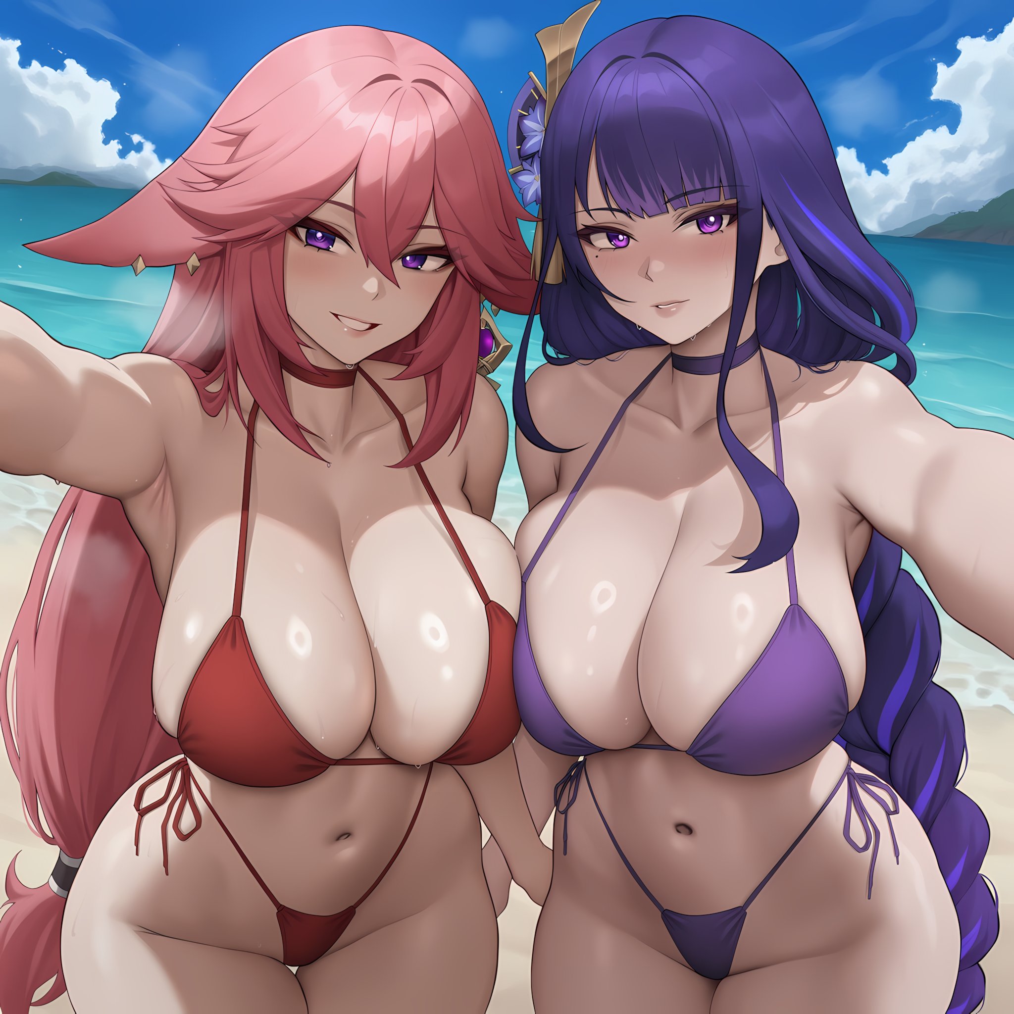 2girls, ai generated, bikini, breasts, curvy, female, female focus, female only, genshin impact, hi res, large breasts, long hair, looking at viewer, pink hair, purple eyes, purple hair, raiden shogun, roxor, swimsuit, thick thighs, thighs, wide hips, yae miko