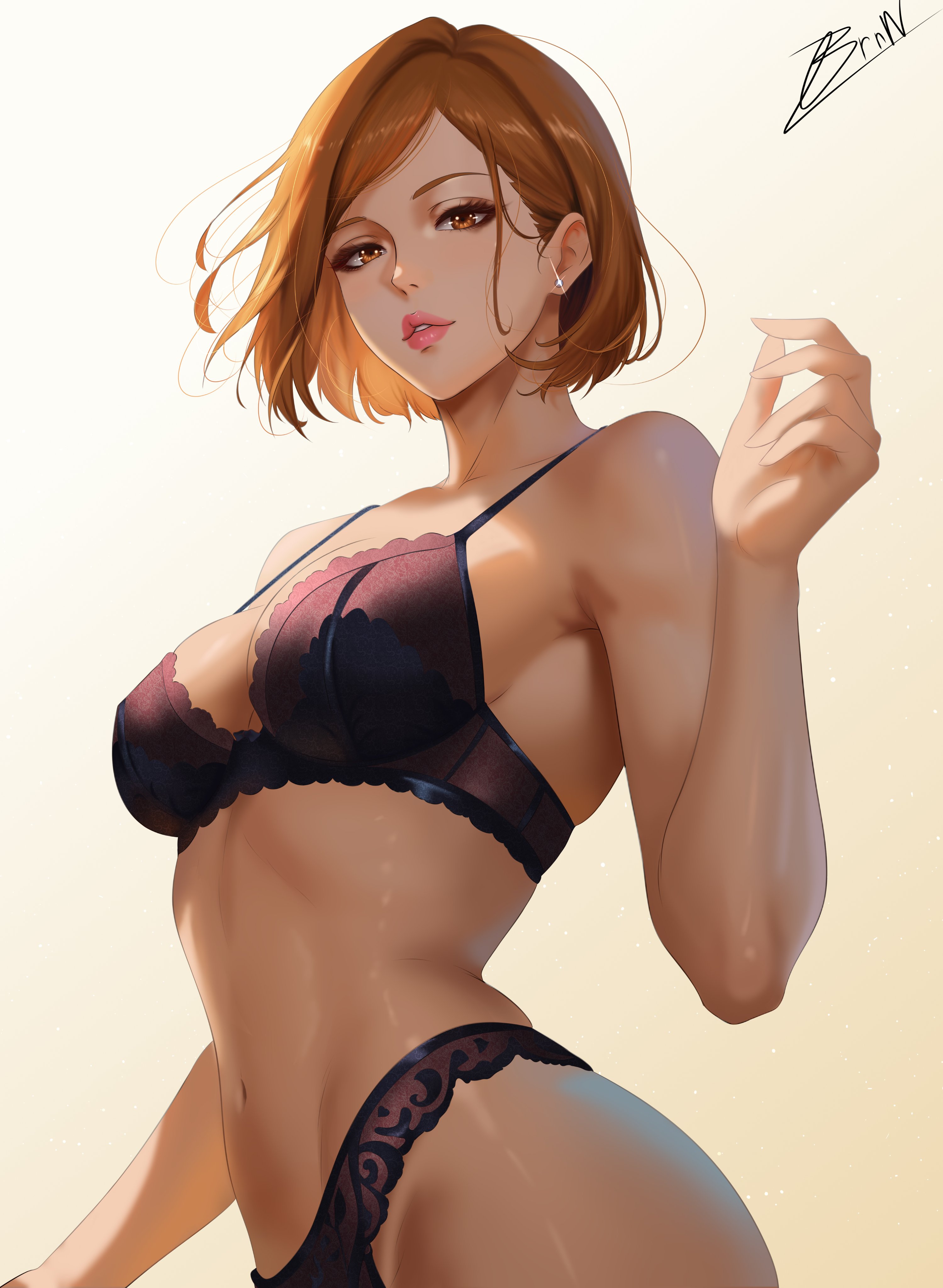 1girls, big breasts, bra, breasts, brnn, brown eyes, brown hair, brown-haired female, female, female only, jujutsu kaisen, kugisaki nobara, orange hair, orange-haired female, short hair