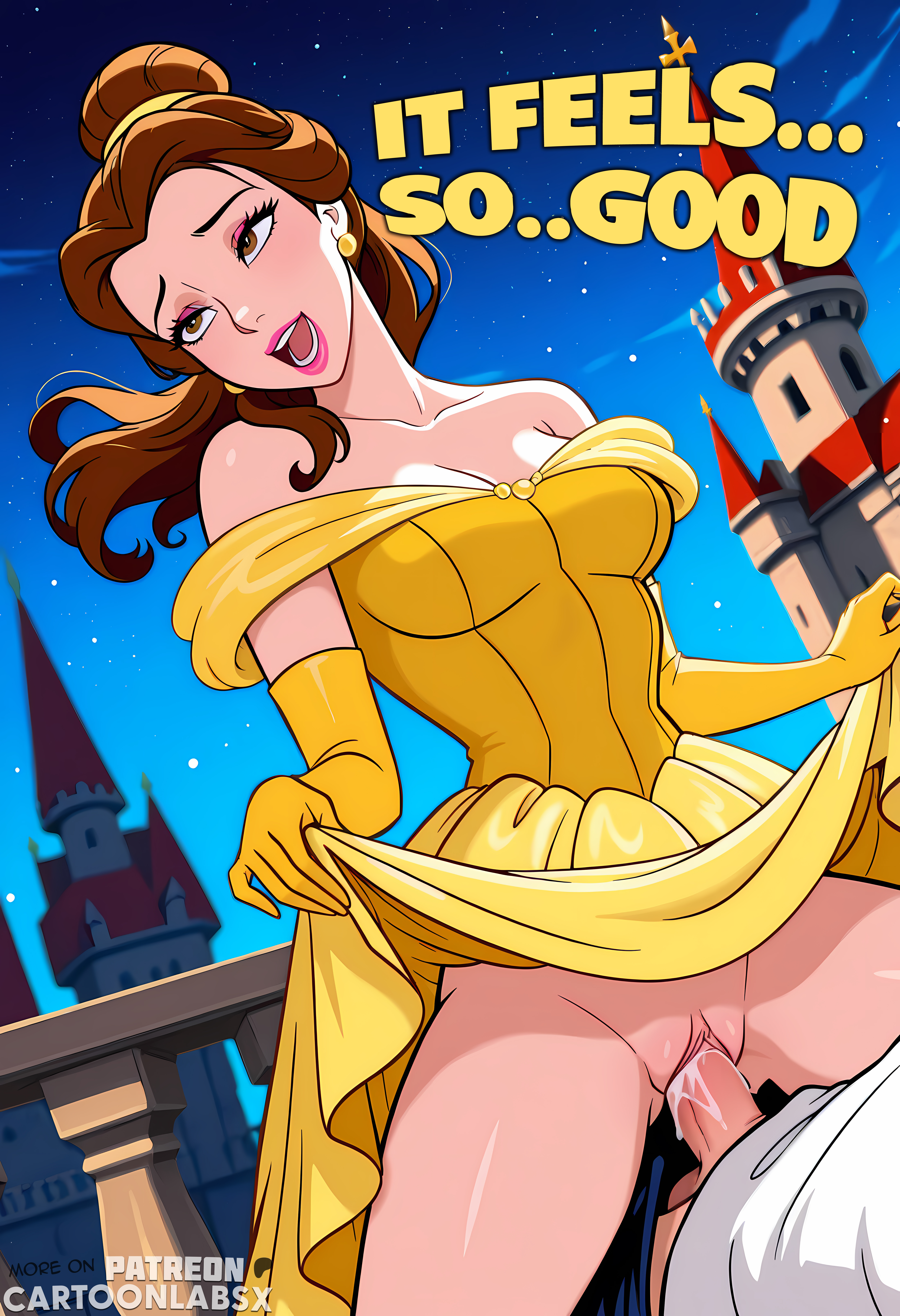 1boy, 1girls, ai generated, beauty and the beast (1991 film), belle (beauty and the beast), cartoonlabsx, clothed sex, cum, cum in pussy, cum inside, disney, disney princess, dress, dress lift, earrings, english text, exposed pussy, eyes rolling back, female, fucked senseless, fucked silly, lifting dress, lifting own clothes, lipstick, male, open mouth, orgasm, orgasm face, partial male, penetration, penile penetration, penis, penis in pussy, pink lipstick, pussy, sex, sexual intercourse, text, text box, text bubble, yellow dress