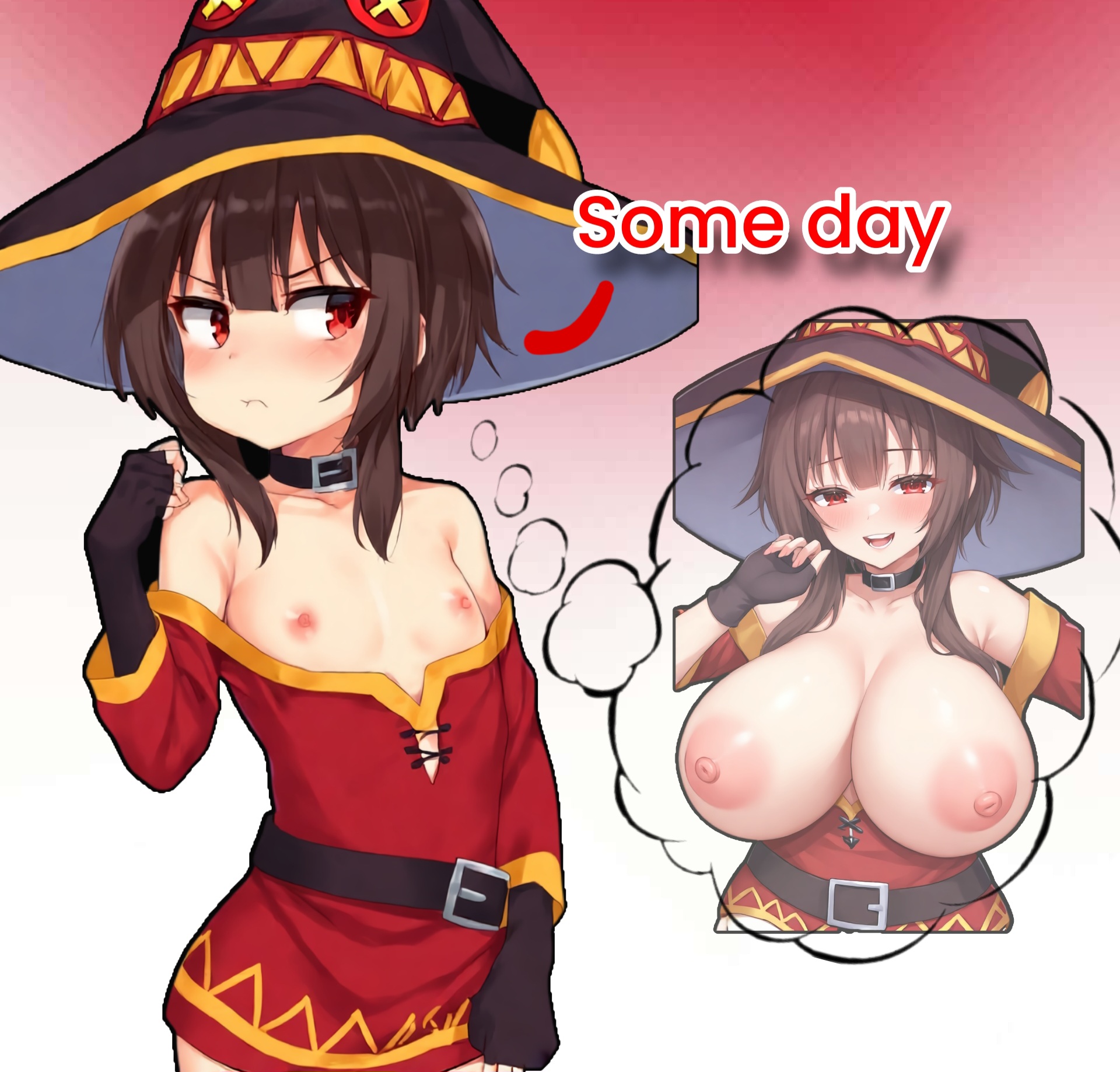 1girls, ai assisted, ai generated, big breasts, big nipples, breasts, brown hair, cute, edit, edited, exposed breasts, exposing chest, female, female only, flat chest, huge breasts, imagining, kono subarashii sekai ni shukufuku wo!, looking at viewer, looking away, megumin, perchance ai, pout, red dress, red eyes, short hair, simple background, small nipples, smile, smiling at viewer, squishy67 (artist), thinking, topless, witch hat