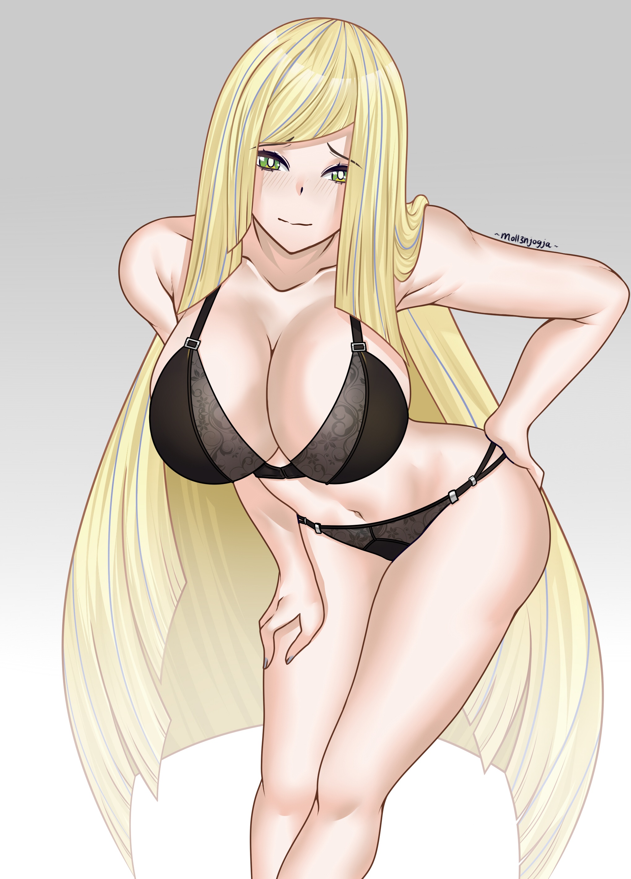 1girls, alternate version available, bare midriff, big breasts, black bra, black panties, blonde hair, blush, bottomwear, bra, breasts, classy, classy female, cleavage, cougar, cougar milf, female, female only, game freak, green eyes, hair, hand on hip, hips, lace, lace trim, lace-trimmed bra, lace-trimmed panties, legwear removed, lingerie, long hair, lusamine (pokemon), mature, mature female, milf, moll3njogja, more at source, mother, nintendo, no legwear, panties, pokemon, pokemon sm, rich, rich female, solo, solo female, thighhighs removed, thighs, topwear, wealthy, wealthy female