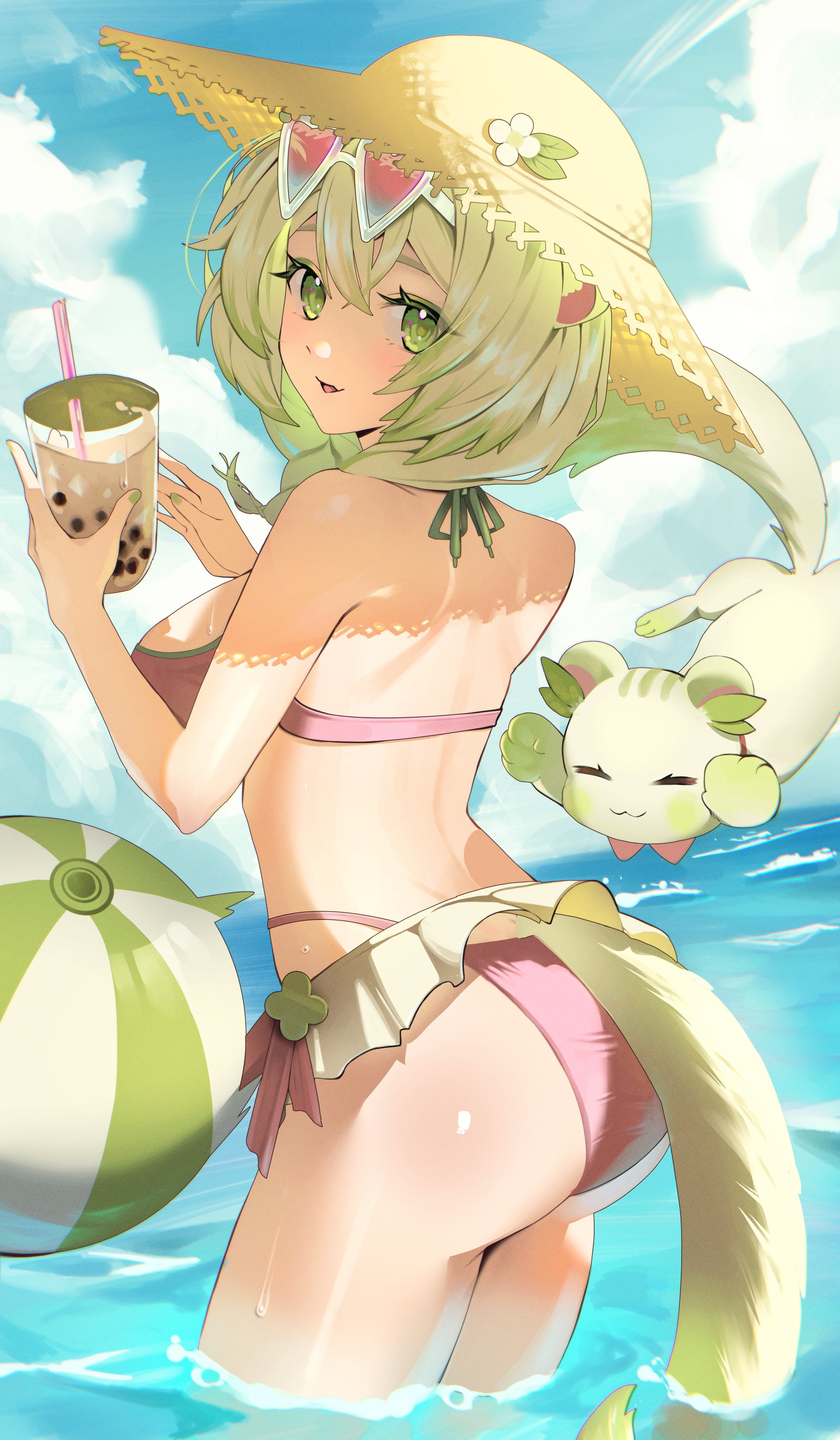 1girls, ass, ass focus, back, beach, beach ball, bikini, boba tea, braids, breasts, cleavage, fan mascot (vtuber), fat ass, female, ferret girl, frilled bikini, frills, green eyes, green hair, indie virtual youtuber, laimu, laimu (summer), large ass, limon (laimu), straw hat, summer, sunglasses, tail, twin braids, virtual youtuber, vtuber, water, white hair