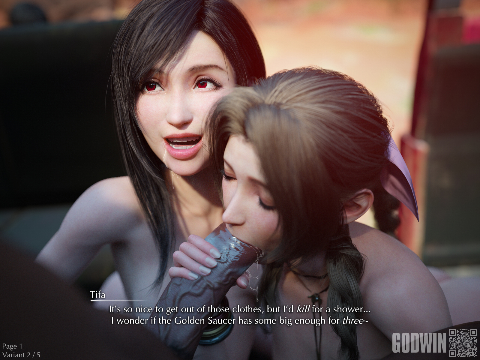 1boy, 2girls, 3d, aerith gainsborough, barret wallace, big cock, big dick, big penis, bisexual, bisexual female, black hair, black skin, blowjob, blowjob face, braid, brown hair, closed eyes, cock, comic, dark brown hair, dark skin, dark-skinned male, dialogue, drool, drooling, eyes half open, fellatio, female, female focus, ffm threesome, final fantasy, final fantasy vii, final fantasy vii remake, fit female, godwin, hair ribbon, holding, holding penis, interracial, kneeling, kneeling oral position, large penis, lidded eyes, light brown hair, light skin, light-skinned female, long hair, looking at another, male, multiple females, multiple girls, neroxliv, nude, nude female, nude male, open mouth, outdoor sex, outdoors, outside, outside sex, penis, penis in hand, penis in mouth, ponytail, precum, precum drip, red eyes, saliva, saliva drip, saliva on penis, saliva string, size difference, spit, squish, subtitled, sucking, sucking penis, sucking tip, tagme, talking, talking to another, thick penis, threesome, tifa lockhart, tongue, tongue out, twin braids, veiny penis, white skin