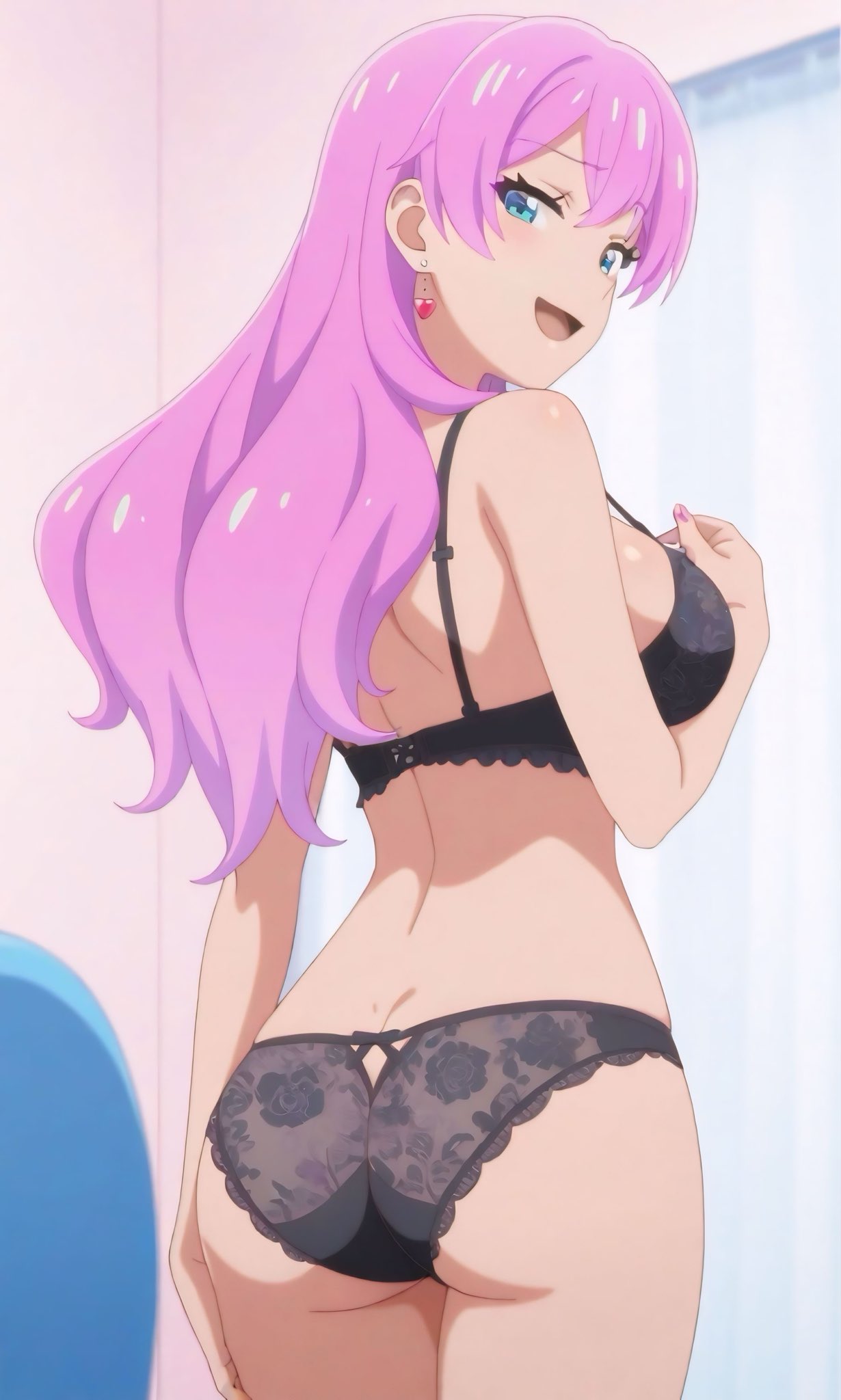 ai generated, ass, ass focus, black bra, black lingerie, black panties, blue eyes, blush, bra, female, fuufu ijou koibito miman, lingerie, lingerie bra, lingerie only, lingerie panties, looking at viewer, panties, pink, pink hair, watanabe akari