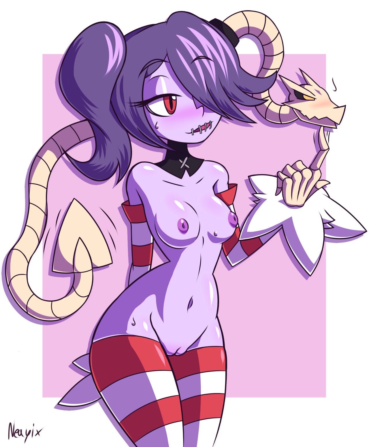blue skin, blush, breasts, detached collar, detached sleeves, female, hair over one eye, leviathan (skullgirls), neayix, nipples, nude, pussy, red eyes, skullgirls, squigly, stitched mouth, stitches, striped, striped legwear, striped sleeves, thighhighs, zombie