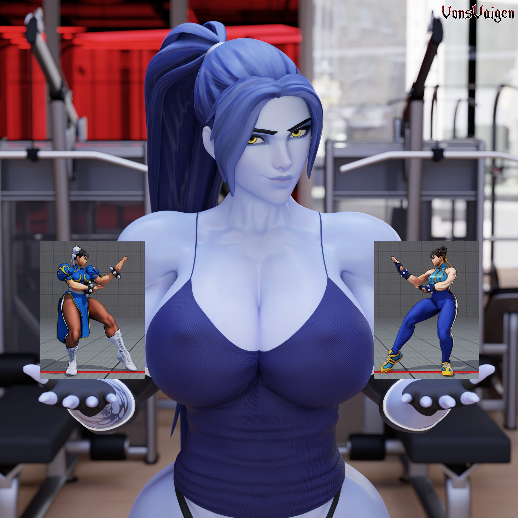 1girls, 3d, activision, amelie lacroix, ass, big ass, big breasts, big thighs, blizzard entertainment, blue body, blue skin, blue-skinned female, breasts, bubble ass, bubble butt, bust, busty, chest, chun-li, chun-li (street fighter 6), curvaceous, curves, curvy, curvy figure, female, female only, fit, fit female, gym, hips, hourglass figure, huge ass, large ass, legs, leotard, mature, mature female, muscular, muscular female, overwatch, overwatch 2, poll, slim waist, solo, street fighter, street fighter 6, thick, thick ass, thick hips, thick legs, thick thighs, thighs, toned, toned female, voluptuous, voluptuous female, vonsvaigen, waist, wide hips, wide thighs, widowmaker