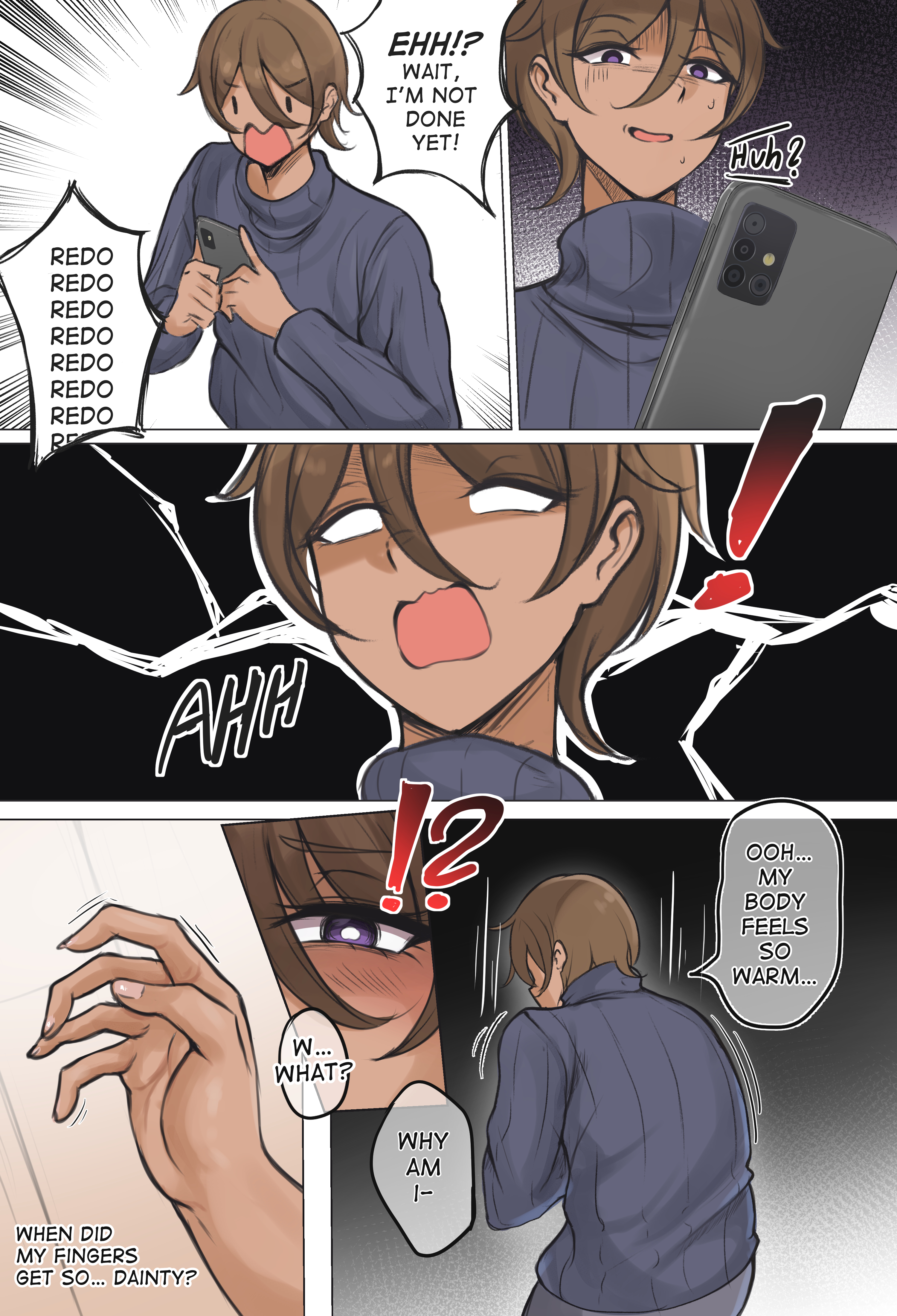blush, breasts, comic, dark skin, dark-skinned female, english text, female, genderswap, genderswap (mtf), holding phone, large breasts, minori (user eket5233), mtf transformation, original, purple eyes, rule 63, shocked, standing, transformation