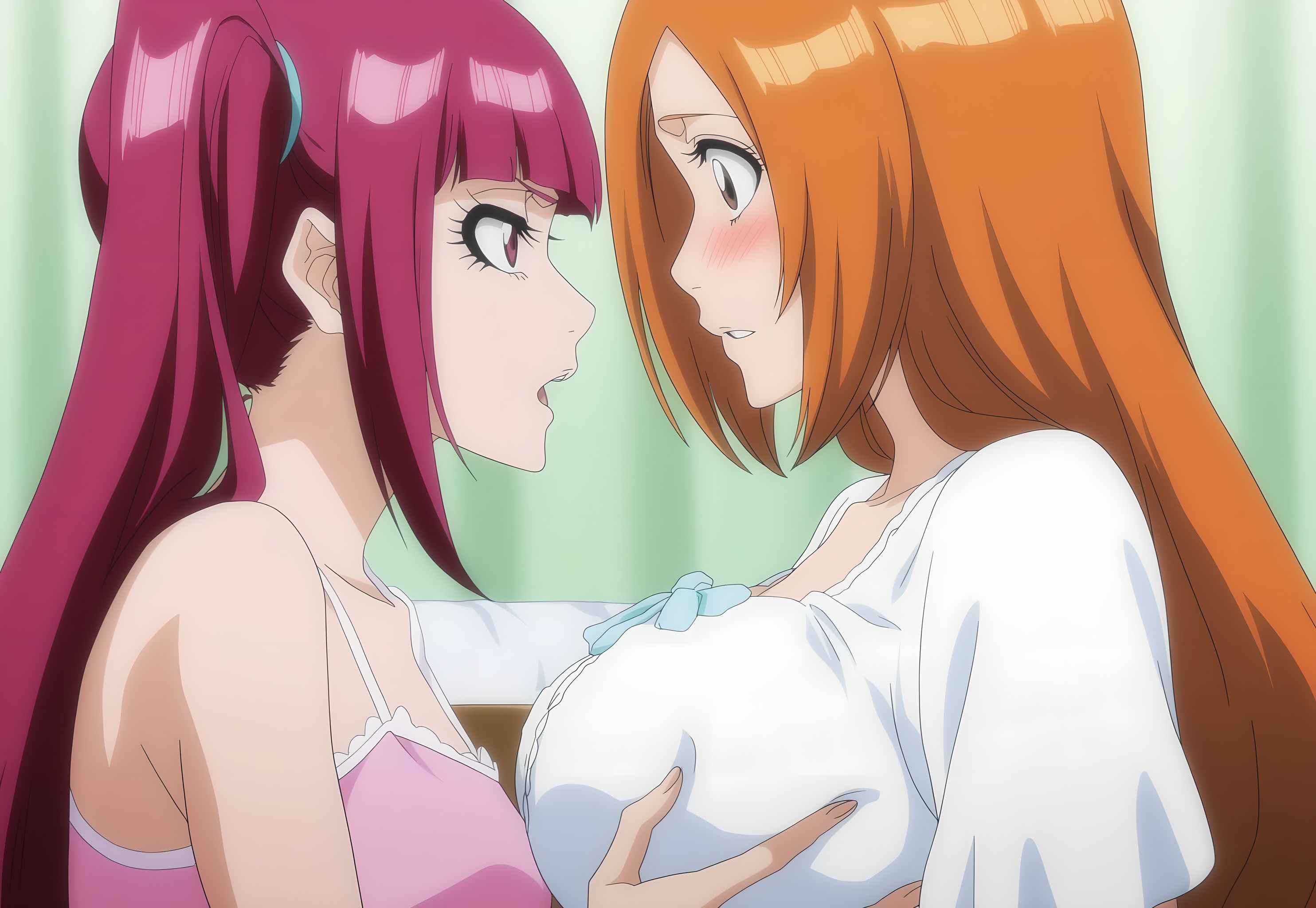 2girls, ai generated, big breasts, bleach, blush, breast grab, breasts, busty, cleavage, clothed, clothing, curvy, dokugamine riruka, female, female only, inoue orihime, long hair, lovehuwu, orange hair, pink hair, twintails, yuri