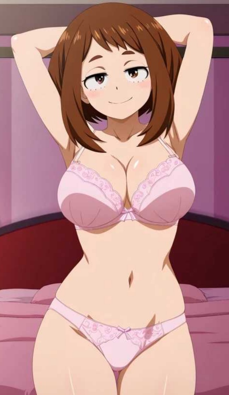 1girls, ai generated, arms up, bedroom, bra, breasts, brown hair, brown-haired female, female, my hero academia, ochako uraraka, smile, thong, underwear
