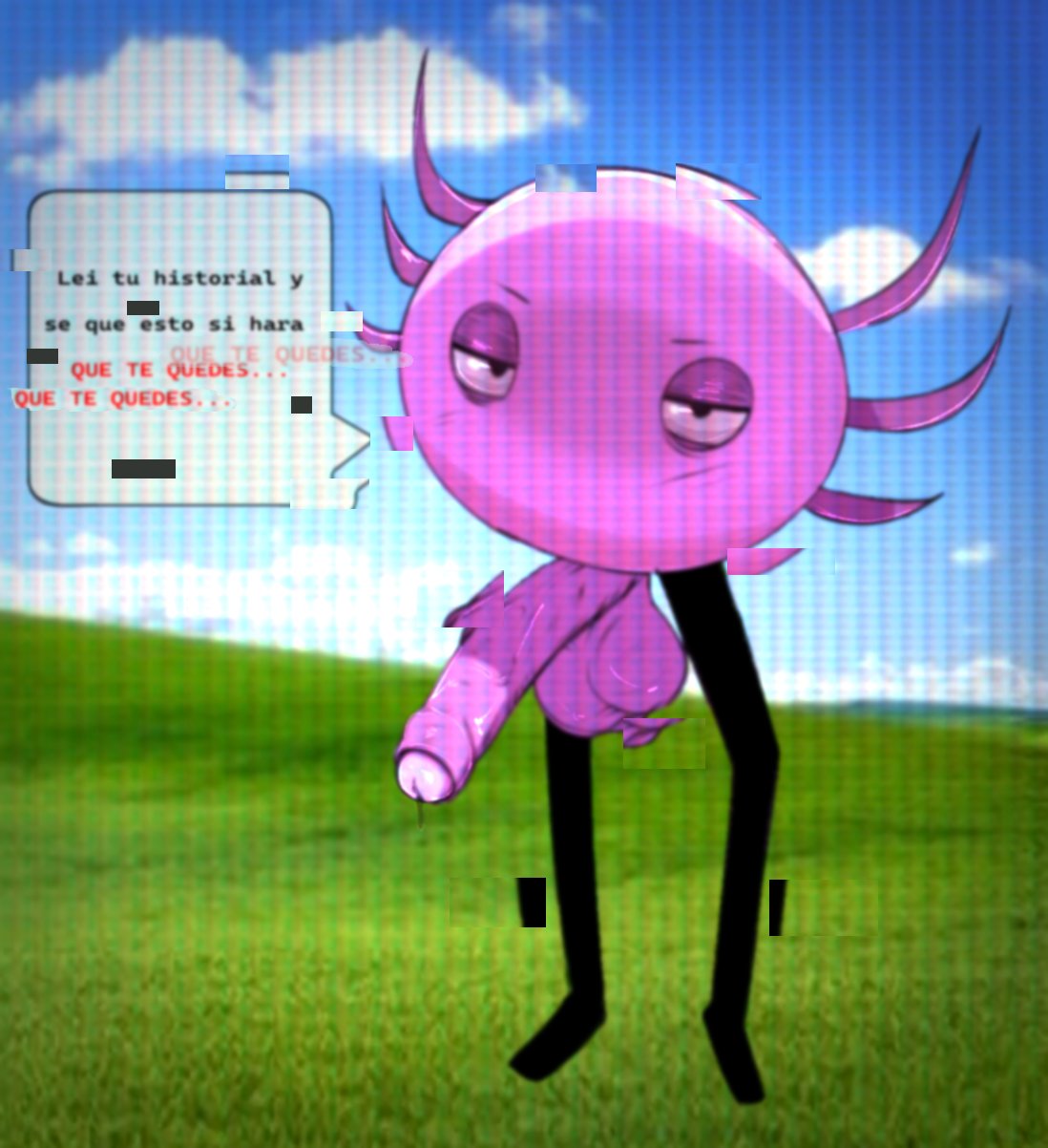 2025 amphibian axolotl balls big_balls big_penis black_eyes black_legs black_text blue_sky bodily_fluids cloud dialogue dibujito erection eyebrows foreskin genital_fluids genitals glans grass half-closed_eyes hi_res humanoid_genitalia humanoid_penis kinito kinitopet looking_at_viewer male marine mole_salamander narrowed_eyes outside partially_retracted_foreskin penis pink_balls pink_body pink_glans plant precum red_text retracted_foreskin salamander scanlines sky solo spanish_text speech_bubble talking_to_viewer text translation_check translation_request uncircumcised urethra waddling_head