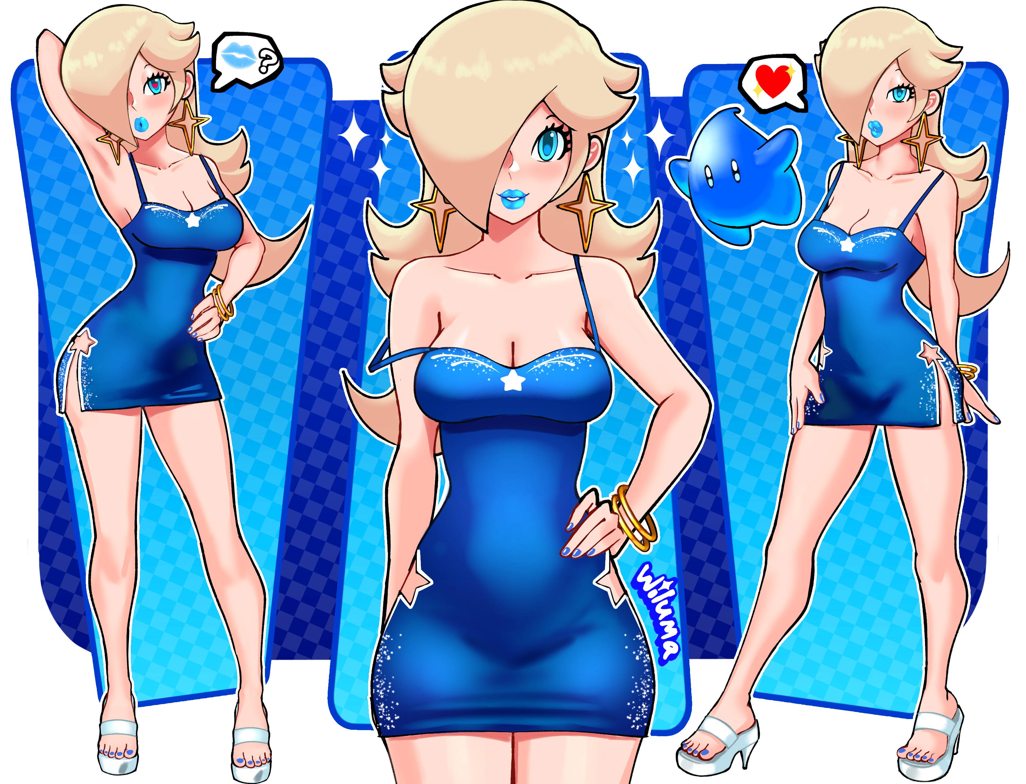 1girls, alternate version available, armwear, big breasts, big lips, bimbo, blonde hair, blue dress, blue eyes, blue lips, blue lipstick, blue nail polish, blue nails, bracelet, breasts, cleavage, clothing, dress, ear piercing, earrings, female, female focus, female only, footwear, full body, hair, hair over one eye, hand behind head, hand on hip, heart, heart-shaped pupils, heels, hips, legs, lips, lipstick, long hair, luma, mario (series), nail polish, nails, nintendo, princess rosalina, question mark, short dress, sparkles, speech bubble, spoken heart, star, thick lips, thighs, toenail polish, wiluma