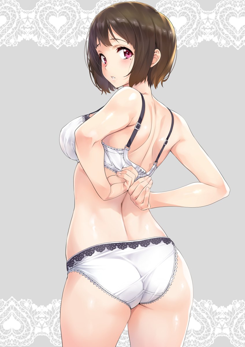 1girls, adjusting bra, adjusting clothes, ass, back, bare shoulders, blush, bra, breasts, brown hair, commentary, cowboy shot, female, from behind, grey background, heart, hibike! euphonium, highres, large breasts, looking at viewer, looking back, mole, mole under eye, nagayori, nakaseko kaori, panties, parted lips, red eyes, shiny skin, short hair, shoulder blades, solo, strap gap, underwear, underwear only, undressing, white bra, white panties