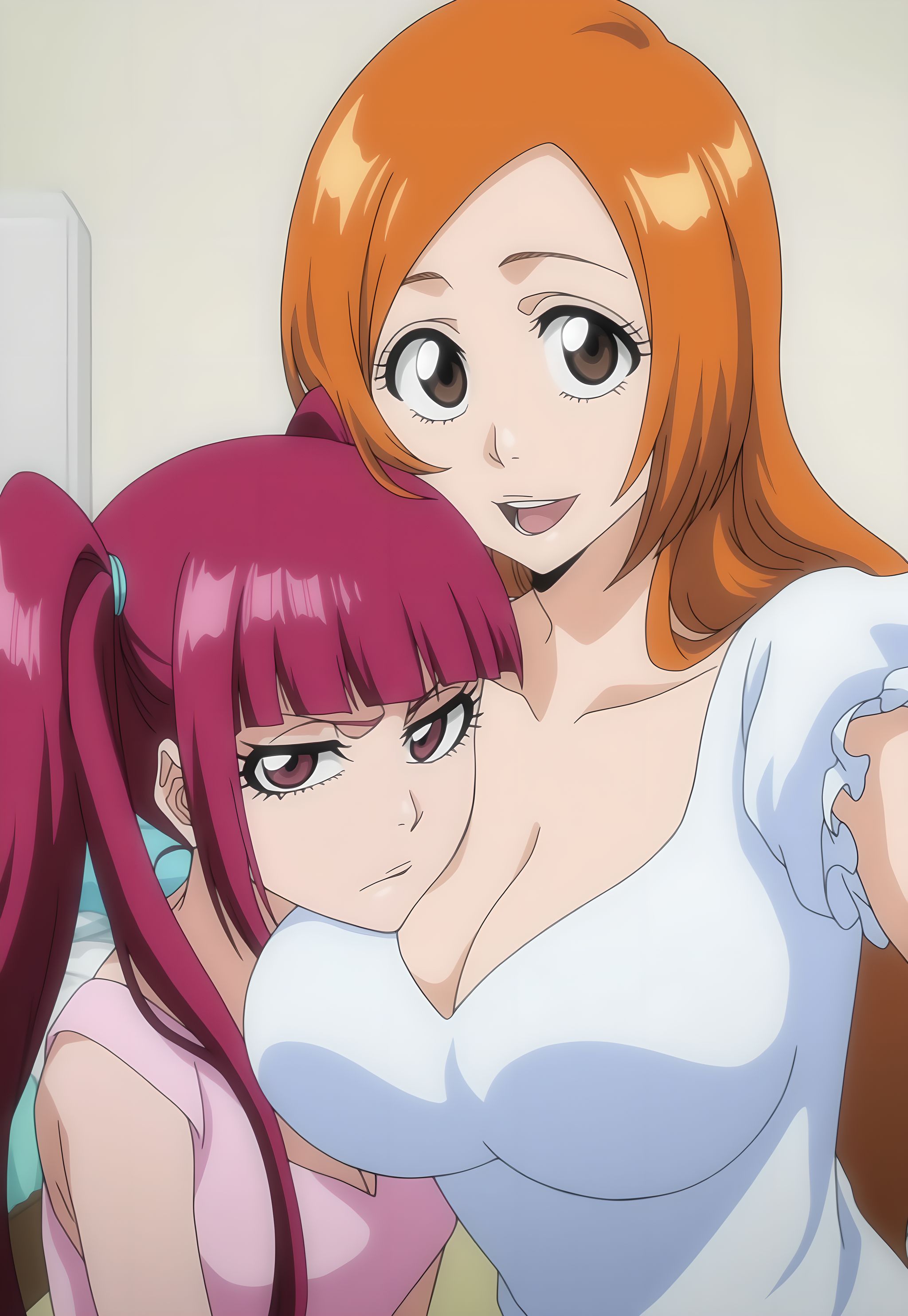 2girls, ai generated, big breasts, bleach, breasts, busty, cleavage, clothed, clothing, curvy, dokugamine riruka, female, female only, head on breasts, inoue orihime, long hair, lovehuwu, orange hair, pink hair, twintails, yuri