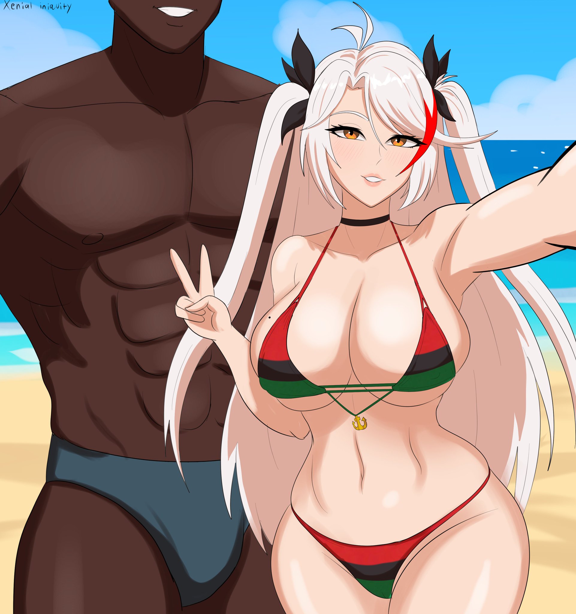 alternate costume, azur lane, dark skin, dark-skinned male, female, male, pan african colors, prinz eugen (azur lane), swimsuit, xenial iniquity