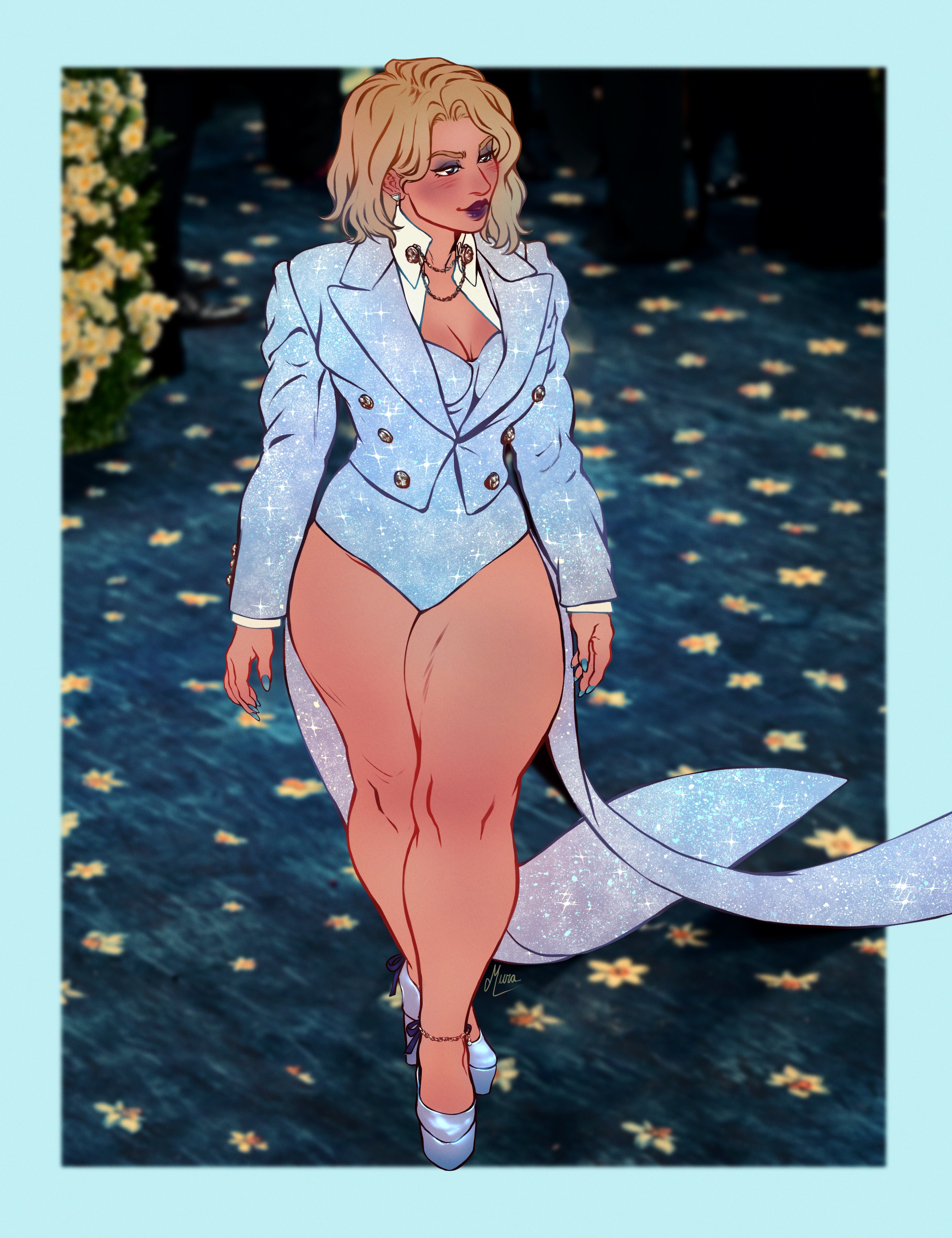 2d, blonde eyebrows, blonde female, blonde hair, clothed, emma frost, emma frost (marvel rivals), eyeshadow, female, full body, glitter, leotard, light skin, light-skinned female, makeup, marvel, marvel comics, marvel rivals, murasaki-yuri, muscular, muscular legs, platform footwear, purple lips, standing, thick legs, thick thighs, tuxedo leotard, x-men