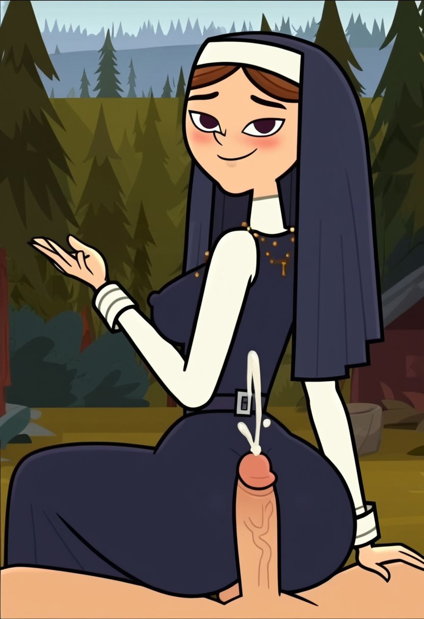ai_generated blushing buttjob_over_clothes covered_buttjob cum_on_ass cum_on_clothes cum_on_clothing cumshot disventure_camp:_carnival_of_chaos ejaculation explosive_cum huge_ass huge_breasts isabel_(disventure_camp) looking_back male_pov nude_male nun nun_outfit pov