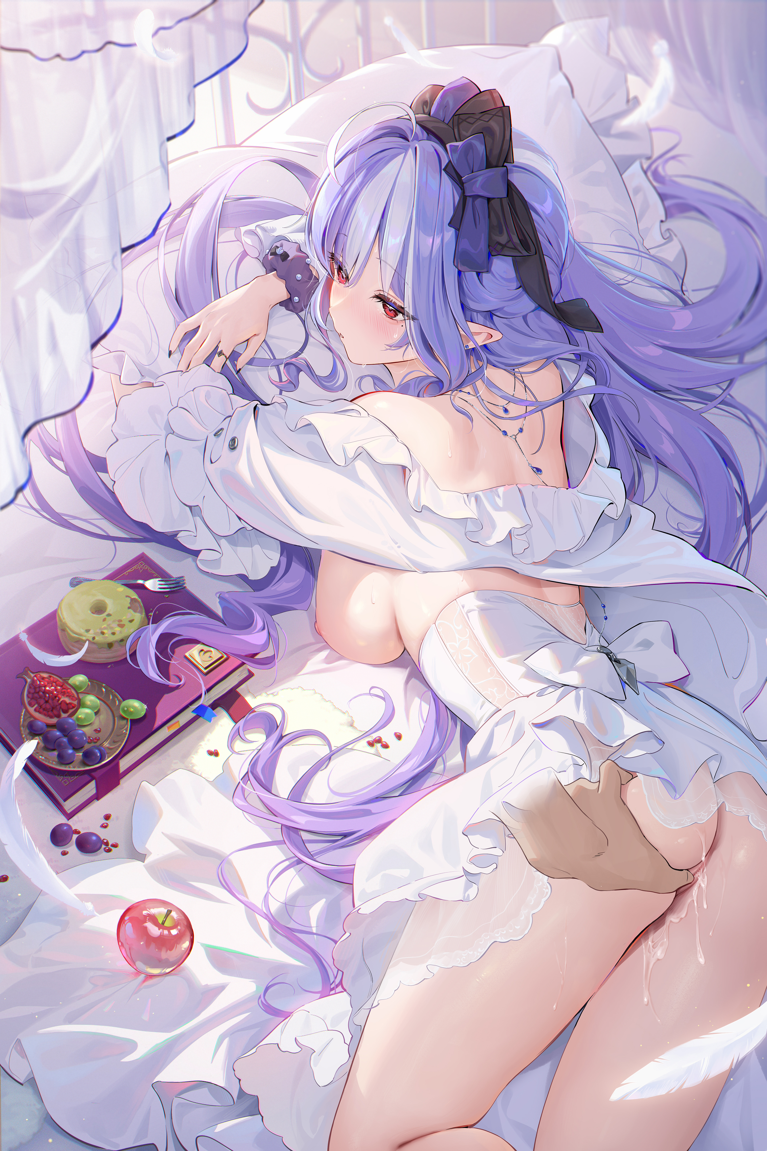 1girls, apple, ass, ass grab, beauty mark, bed, boobs, breasts, censored, censored pussy, elf ears, female, food, fruits, mosaic censoring, multicolored hair, nipples, partially clothed, pointed ears, pussy, red eyes, red-eyed female, vivian (zenless zone zero), vivian banshee, zenless zone zero