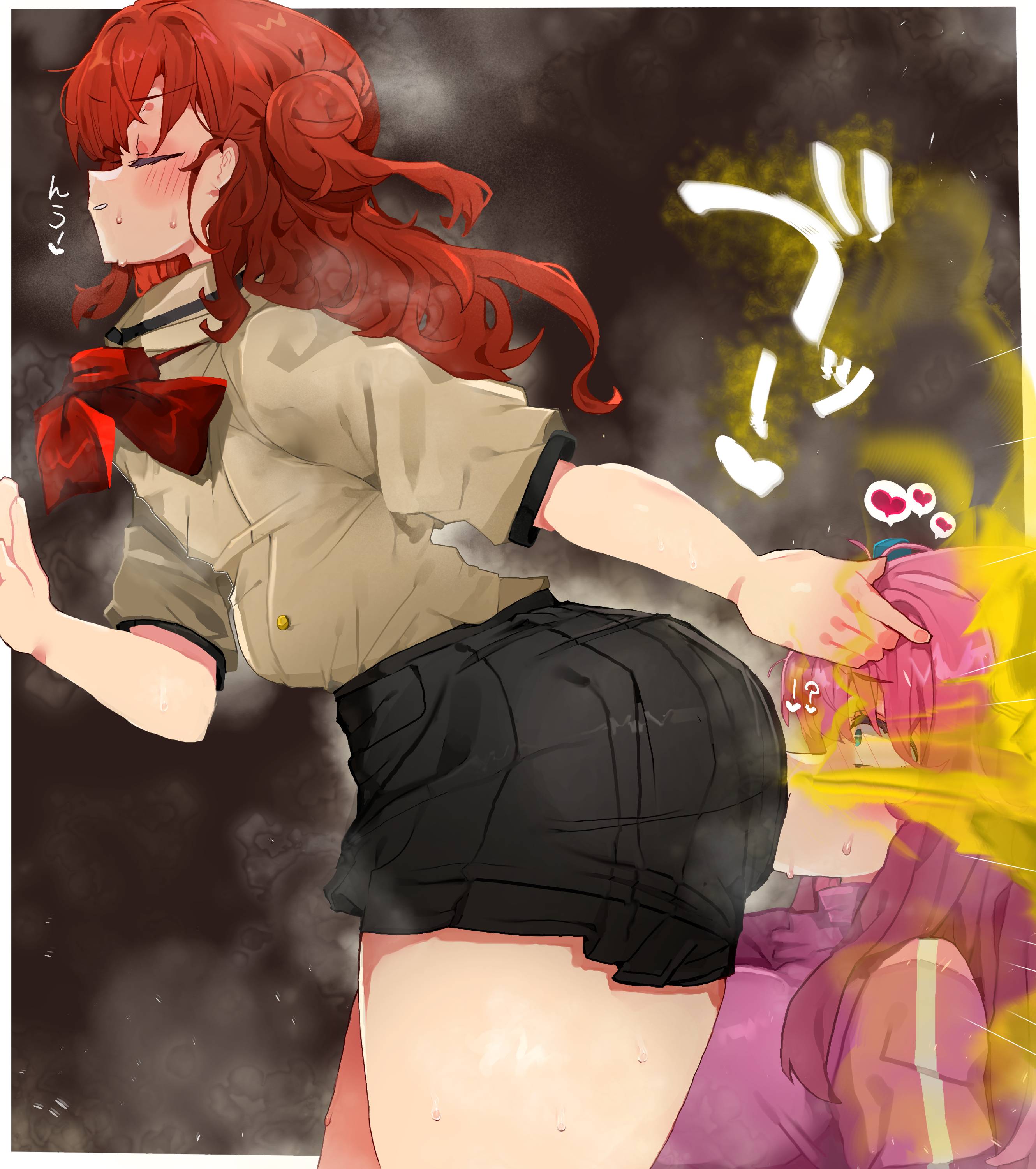 2girls, abirubiiru, ass, ass focus, blushing, bocchi the rock!, enjoying farts, face fart, face farting, face in ass, fart, fart fetish, fart in nose, farting, farting in face, female, fully clothed, gotou hitori, kita ikuyo, komaliss08, looking pleasured, musk, nose fart, nose to anus, steam, stinkface, thick thighs, yuri