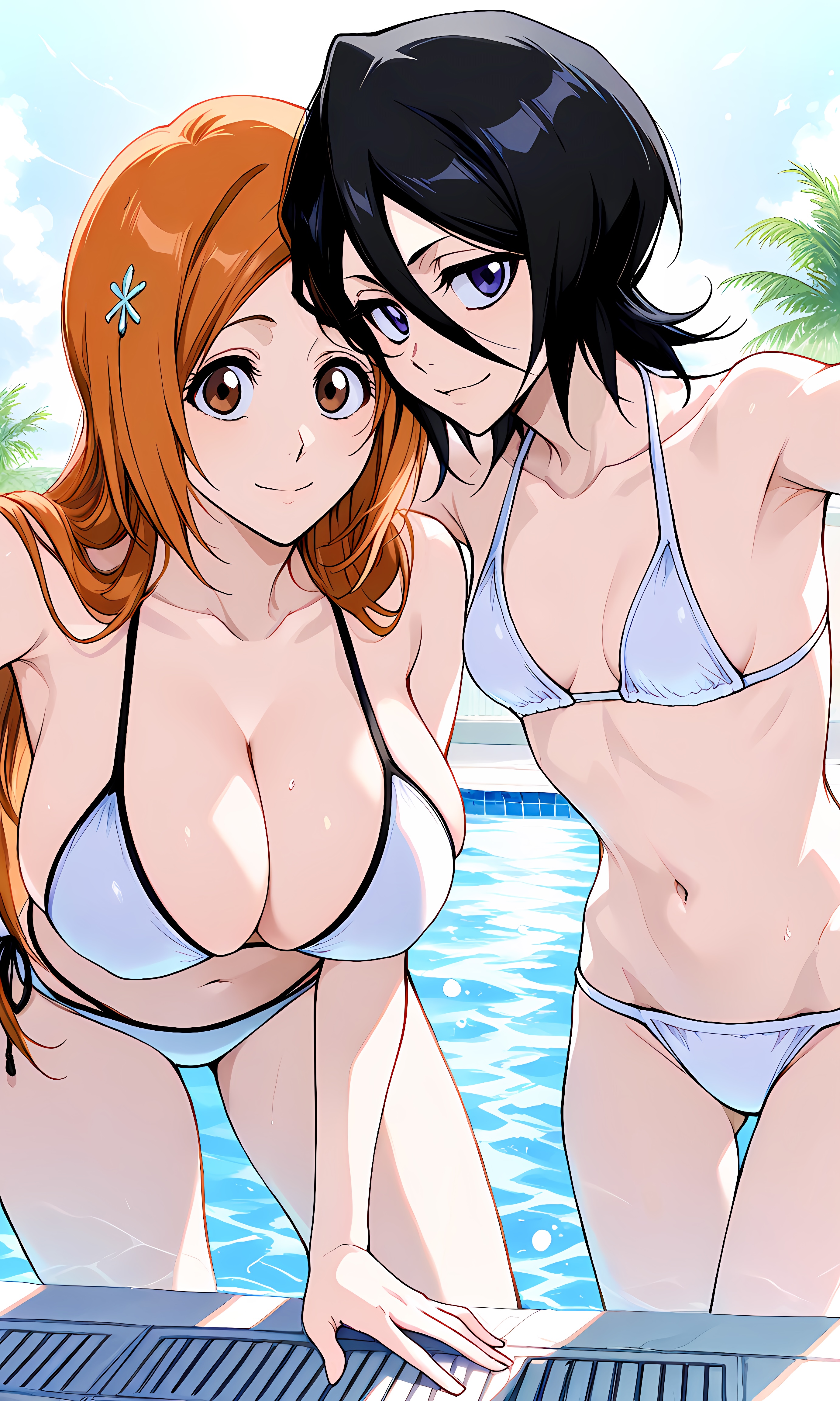 2girls, about to burst, ai generated, barely contained, barely contained breasts, barely fits, big breasts, bikini, black hair, bleach, breasts, breasts too big, busty, cleavage, curvy, female, female only, friends, imminent wardrobe malfunction, inoue orihime, kuchiki rukia, long hair, looking at viewer, orange hair, outdoors, outside, petite, petite body, pool, poolside, sfgh, short hair, size difference, small breasts, smile, straining clothing, swimming pool, thick thighs, tight bikini, tight clothes, tight clothing, tight fit, tight swimsuit, tight swimwear, too tight, undersized clothes, undersized clothing, voluptuous
