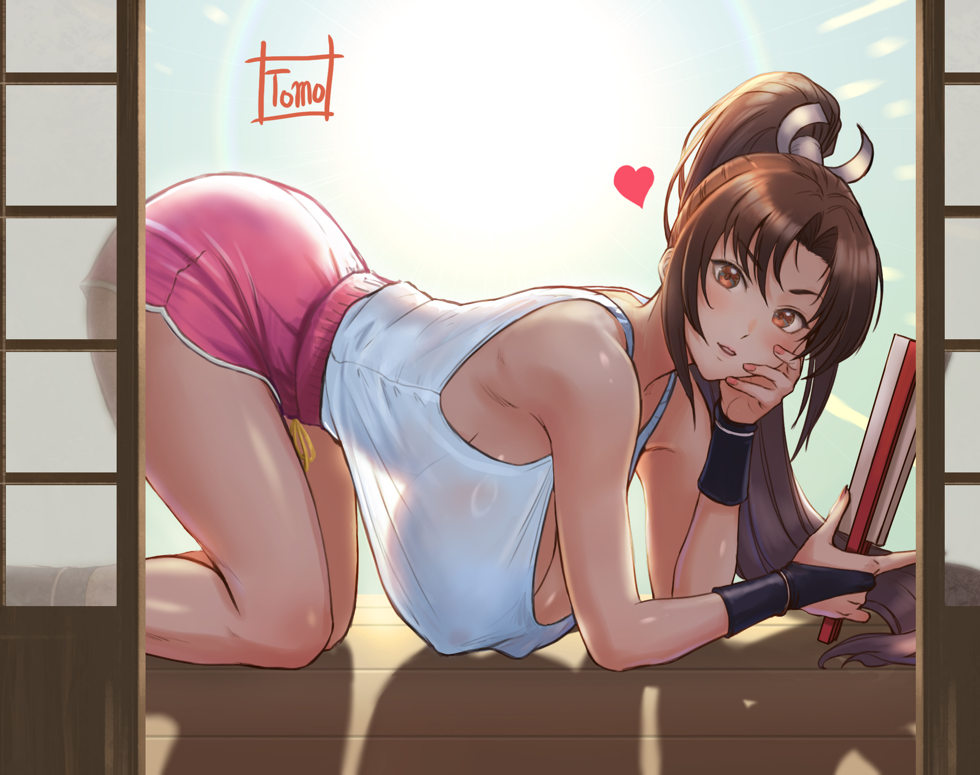 1girls, all fours, alternate costume, big breasts, breasts, brown hair, busty, curvy, fatal fury, female, female only, hanging breasts, huge breasts, king of fighters, looking at viewer, mai shiranui, mai shiranui (casual), nipples, nipples visible through clothing, ponytail, short shorts, shorts, snk, solo, tank top, tomo eokaiteru