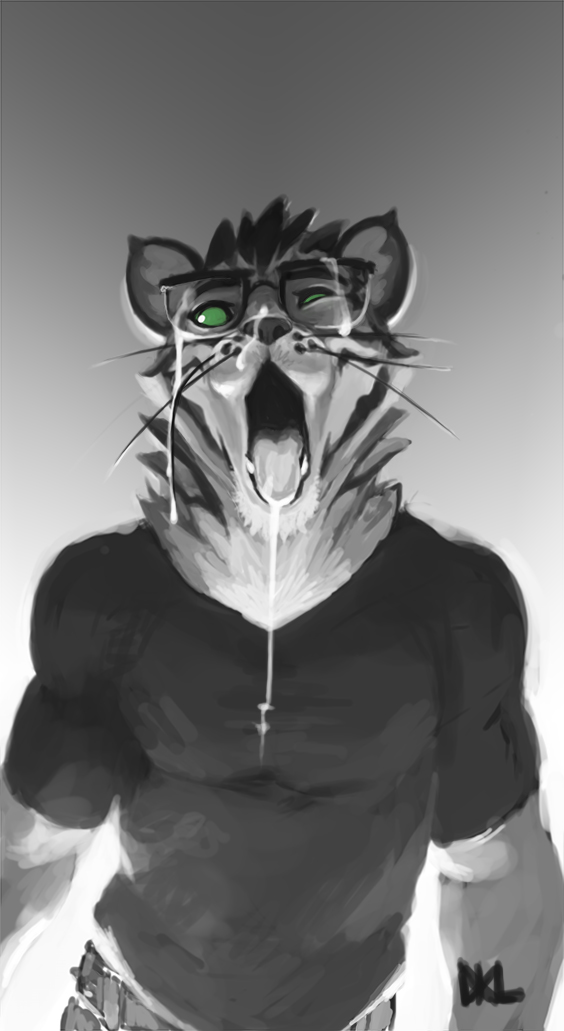 anthro canine clothed clothing cum cum_on_face cum_on_glasses cum_on_tongue eyewear fangs glasses julicat looking_at_viewer male male_only mammal monochrome open_mouth solo teeth tongue tongue_out whiskers