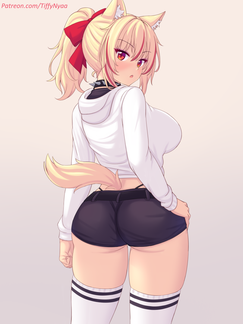 1female 1girl 1girls absolute_territory back_view behind_view black_shorts black_thong blonde_hair blonde_hair_female booty_shorts cat_ears cat_tail catgirl choker collar crop_top cropped_jacket cute_and_sexy cute_ass cute_face cute_girl female female_focus female_only girl hoodie looking_at_viewer looking_back original patreon patreon_username ponytail red_bow red_highlights socks solo solo_female thighhighs thighs thong tiffy tiffynyaa twitter two_tone_socks white_socks