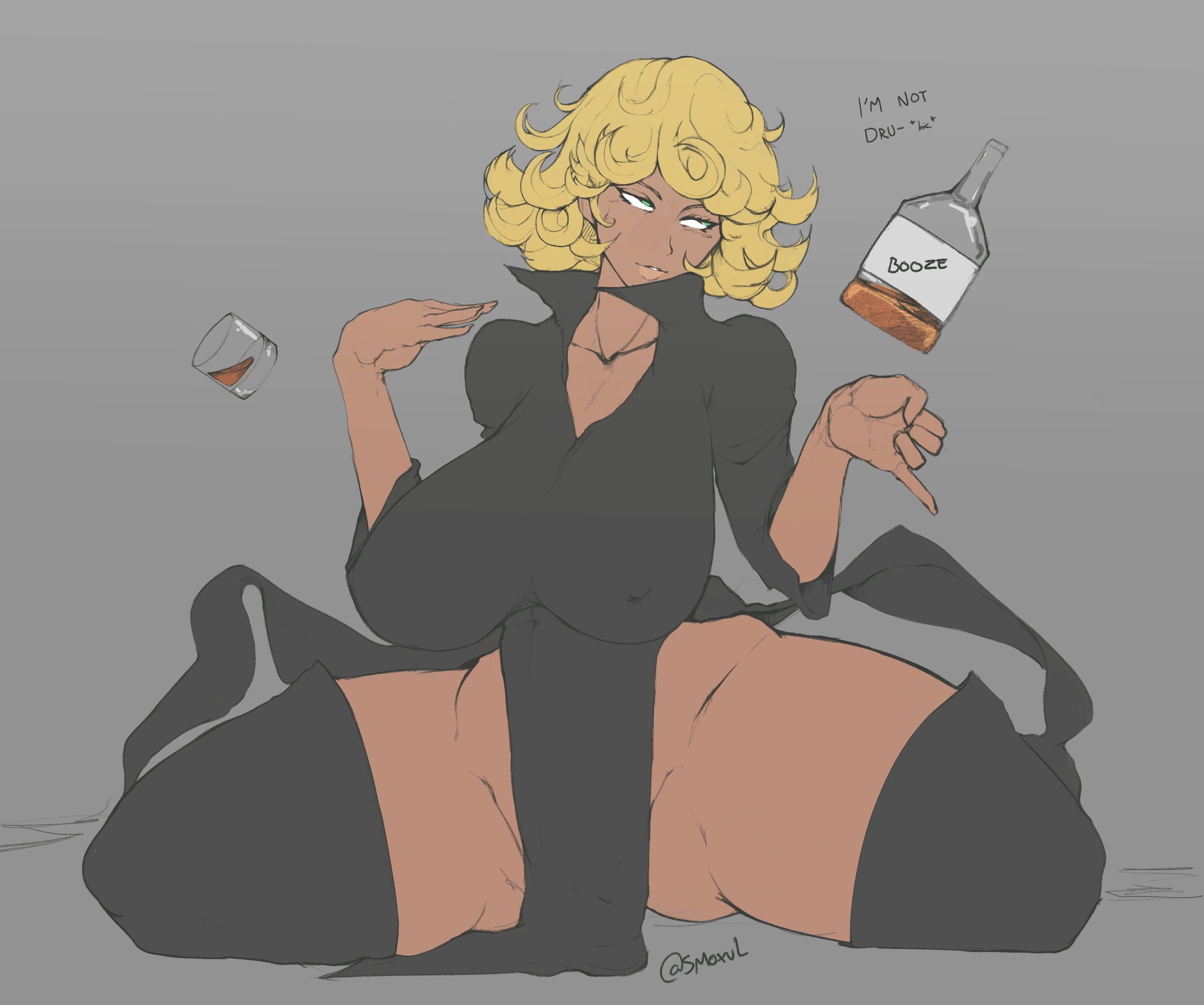 1girls, alcohol, big breasts, black clothing, blonde hair, bottle, breasts, clothing, curvy, dark skin, dark-skinned female, dialogue, drunk, female, female only, green eyes, looking sideways, nipple bulge, one-punch man, race swap, shot glass, smoxul, solo, tatsumaki, text, thick thighs, wide hips