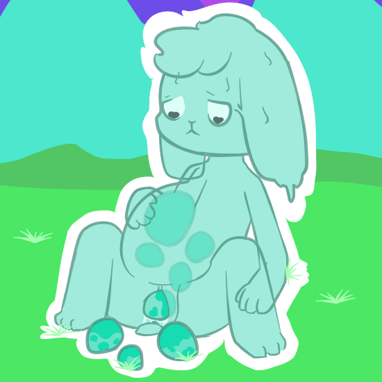 <3_eyes anthro egg egg_laying female grass gummy heart jelly lagomorph mammal piebunny pussy rabbit sweat translucent translucent_body